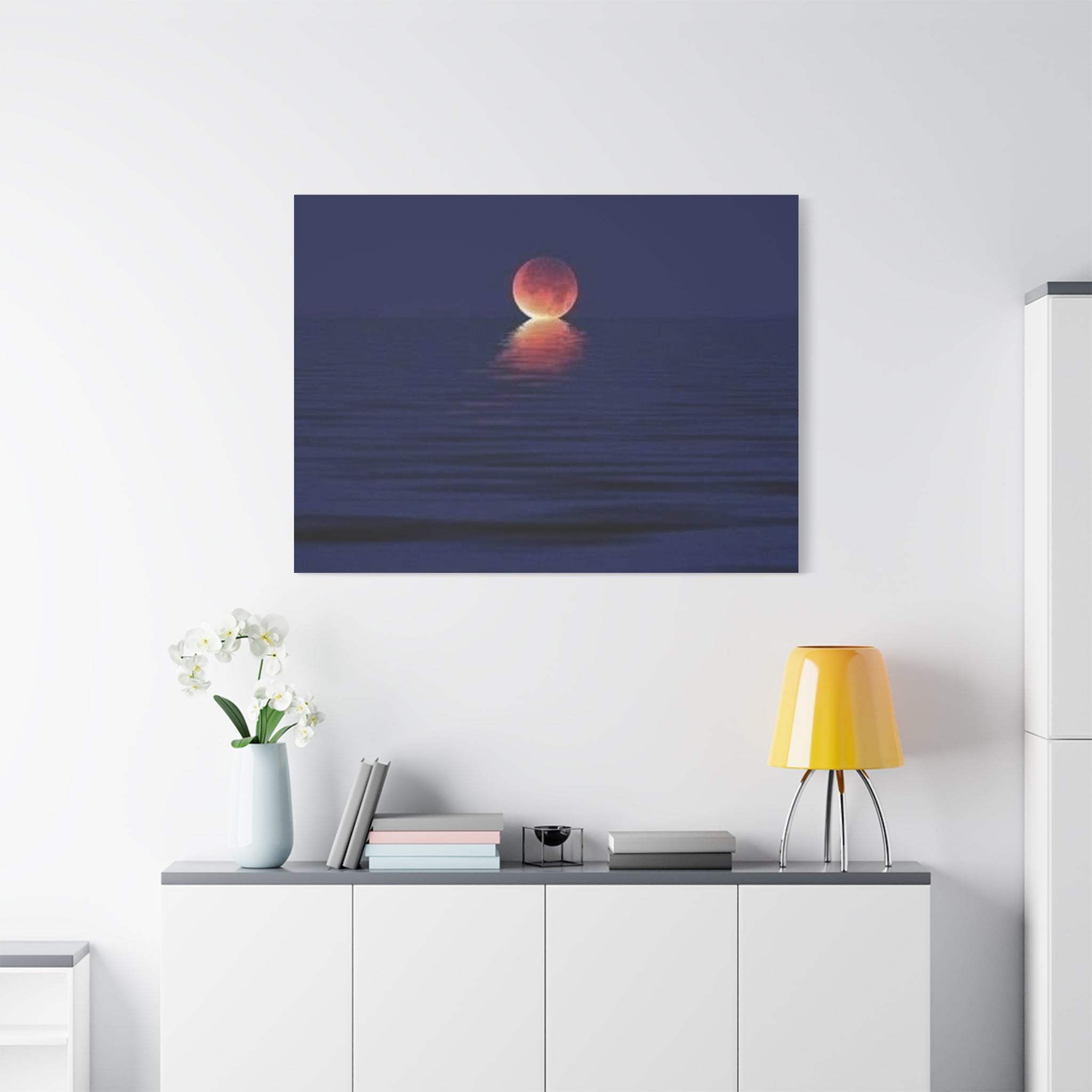 Lunar Reflection Canvas Art — Moonrise Over Calm Sea Stretched Matte Wall Art