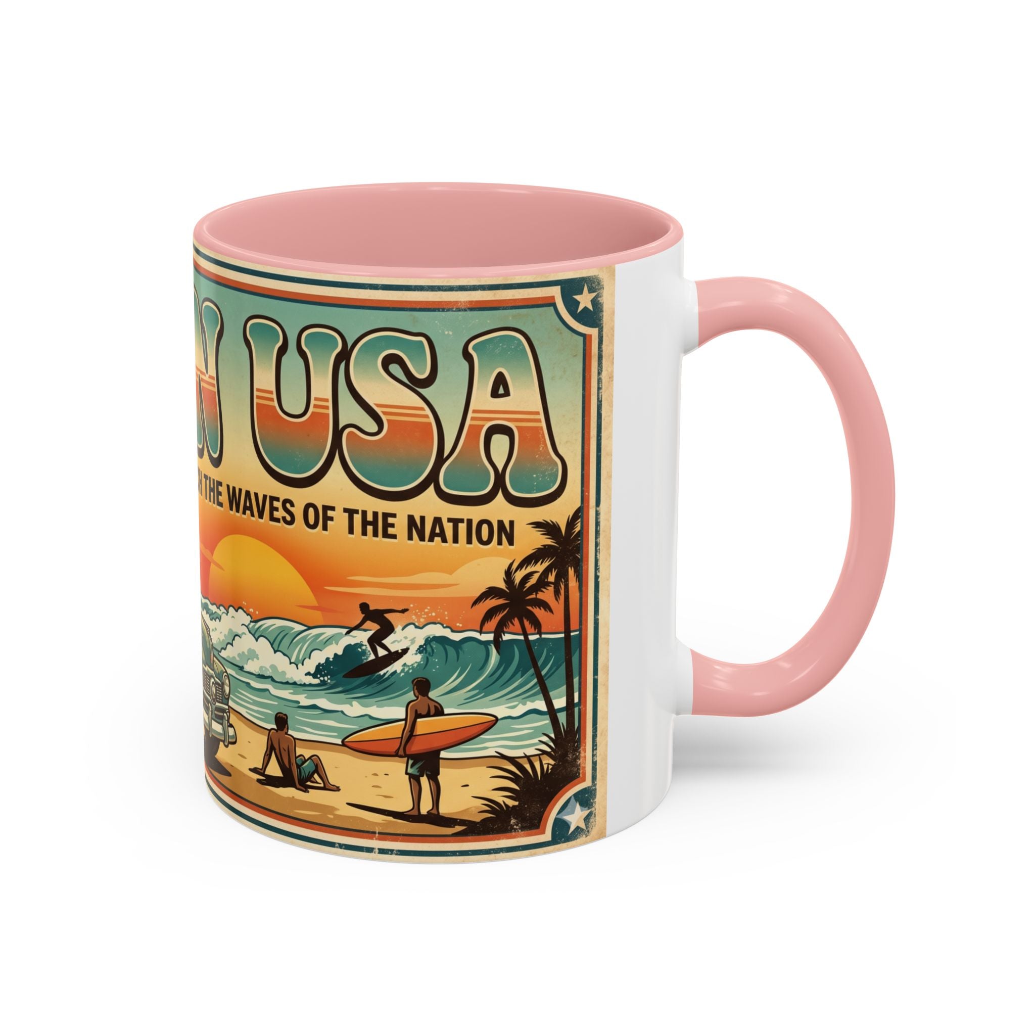 Surfing USA Coffee Mug — Retro Beach Vintage Surfboard Sunset Design
