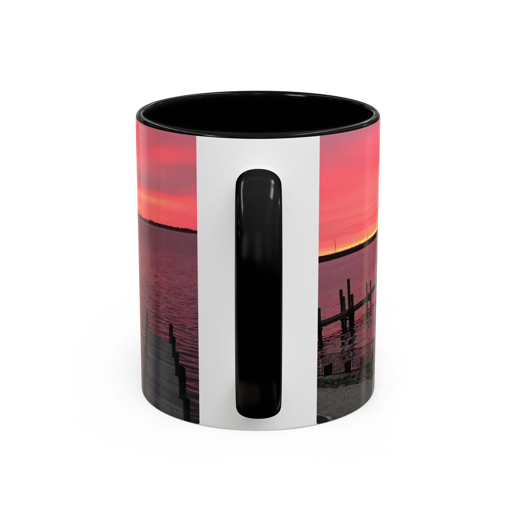 Sunset Harbor Accent Coffee Mug — Pink Sunrise Dock Scene (11/15oz)