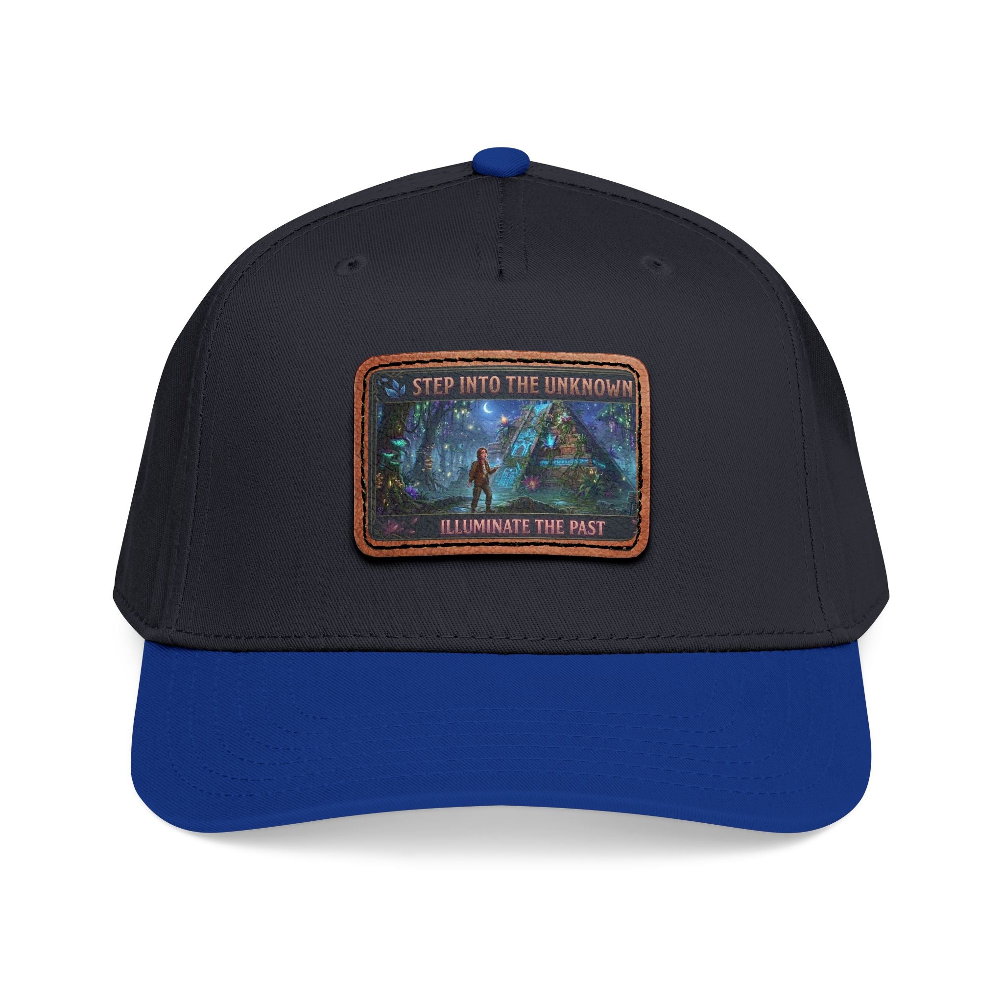 Leather Patch Baseball Cap — "Step Into the Unknown, Illuminate the Past" Forest Adventure Design
