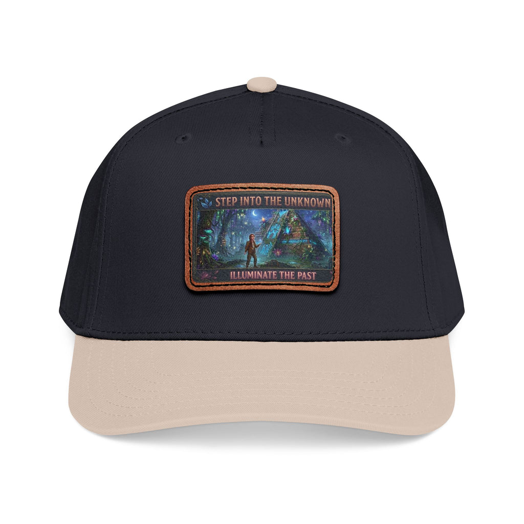 Leather Patch Baseball Cap — "Step Into the Unknown, Illuminate the Past" Forest Adventure Design
