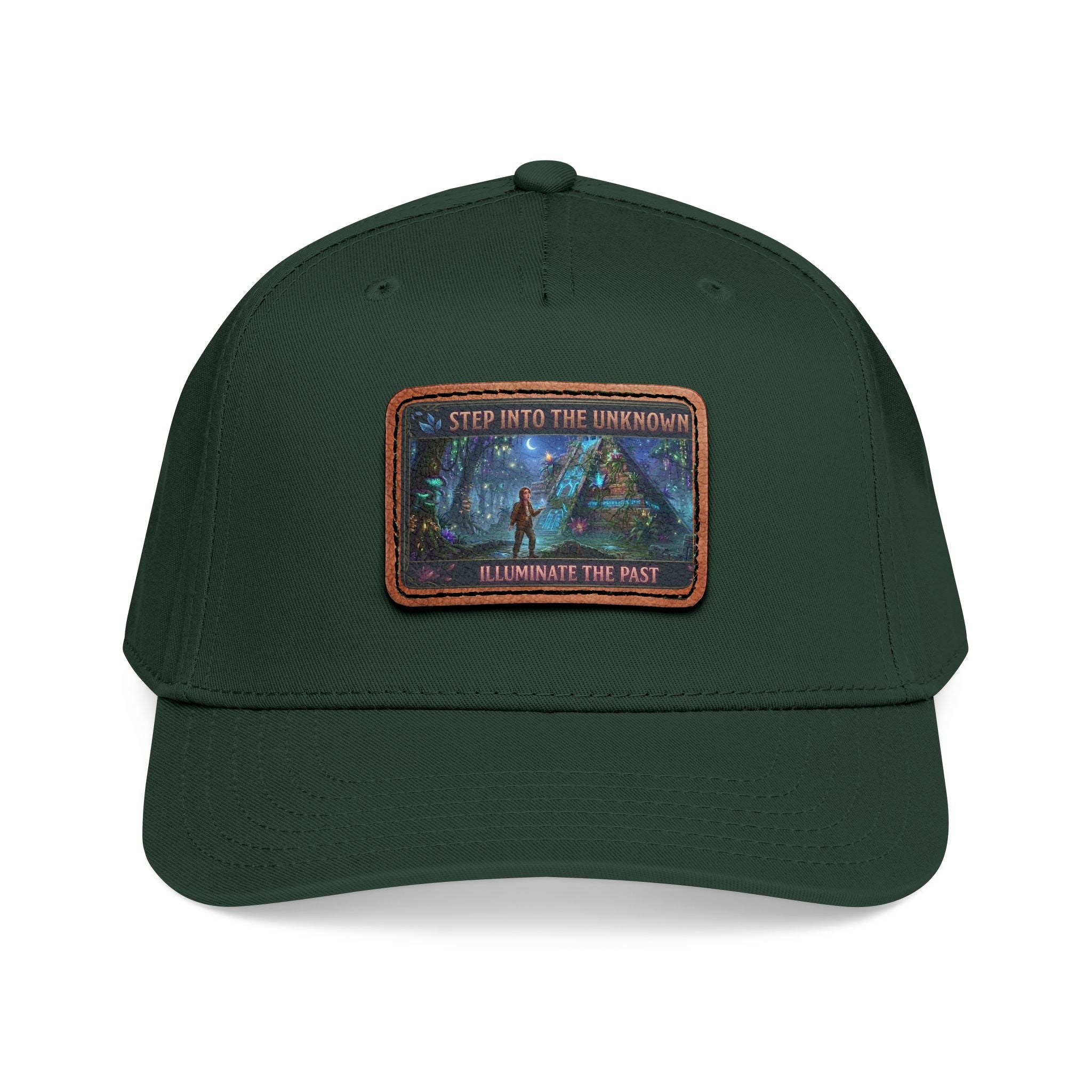 Leather Patch Baseball Cap — "Step Into the Unknown, Illuminate the Past" Forest Adventure Design
