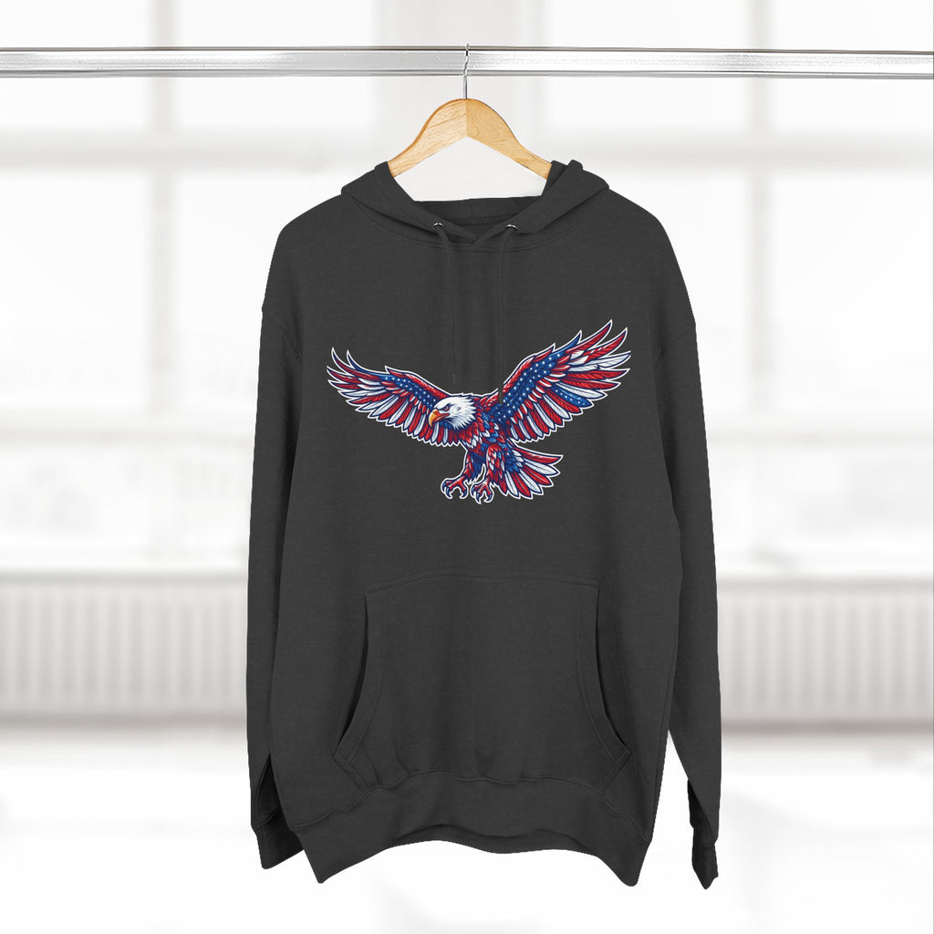 Eagle Flight Hoodie — Patriotic Red & Blue Soaring Eagle Graphic