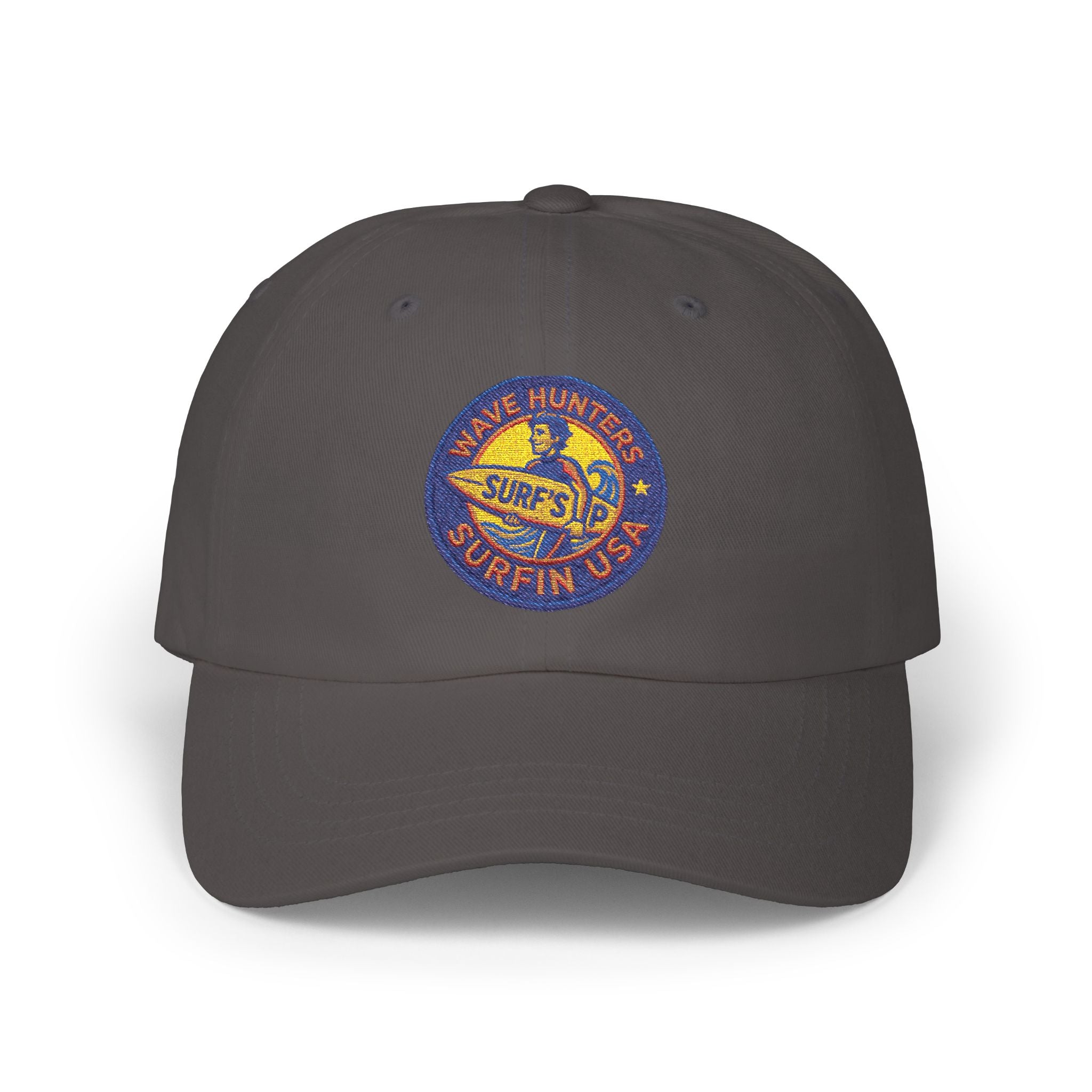 Dad Cap — Retro Surf Patch “Wave Hunter Surfin USA” Embroidered Baseball Hat