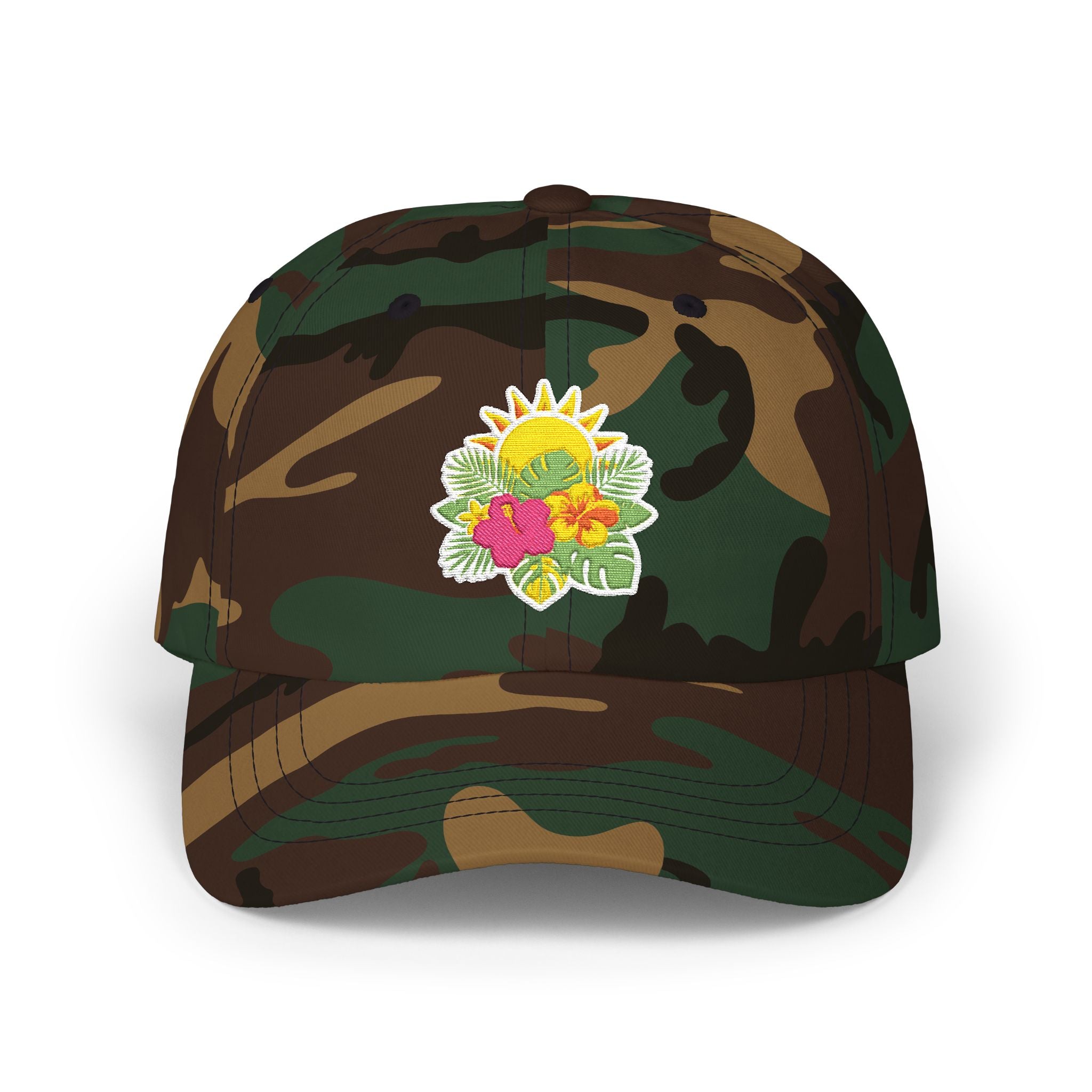 Floral Sunburst Dad Cap — Embroidered Sun & Hibiscus Baseball Hat