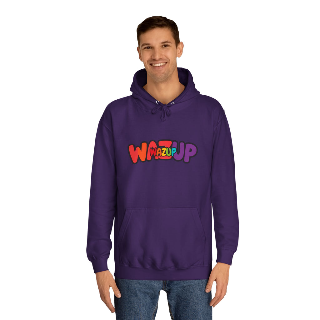 Wazup Colorburst Hoodie — Retro Bubble Letter Graphic Hooded Sweatshirt