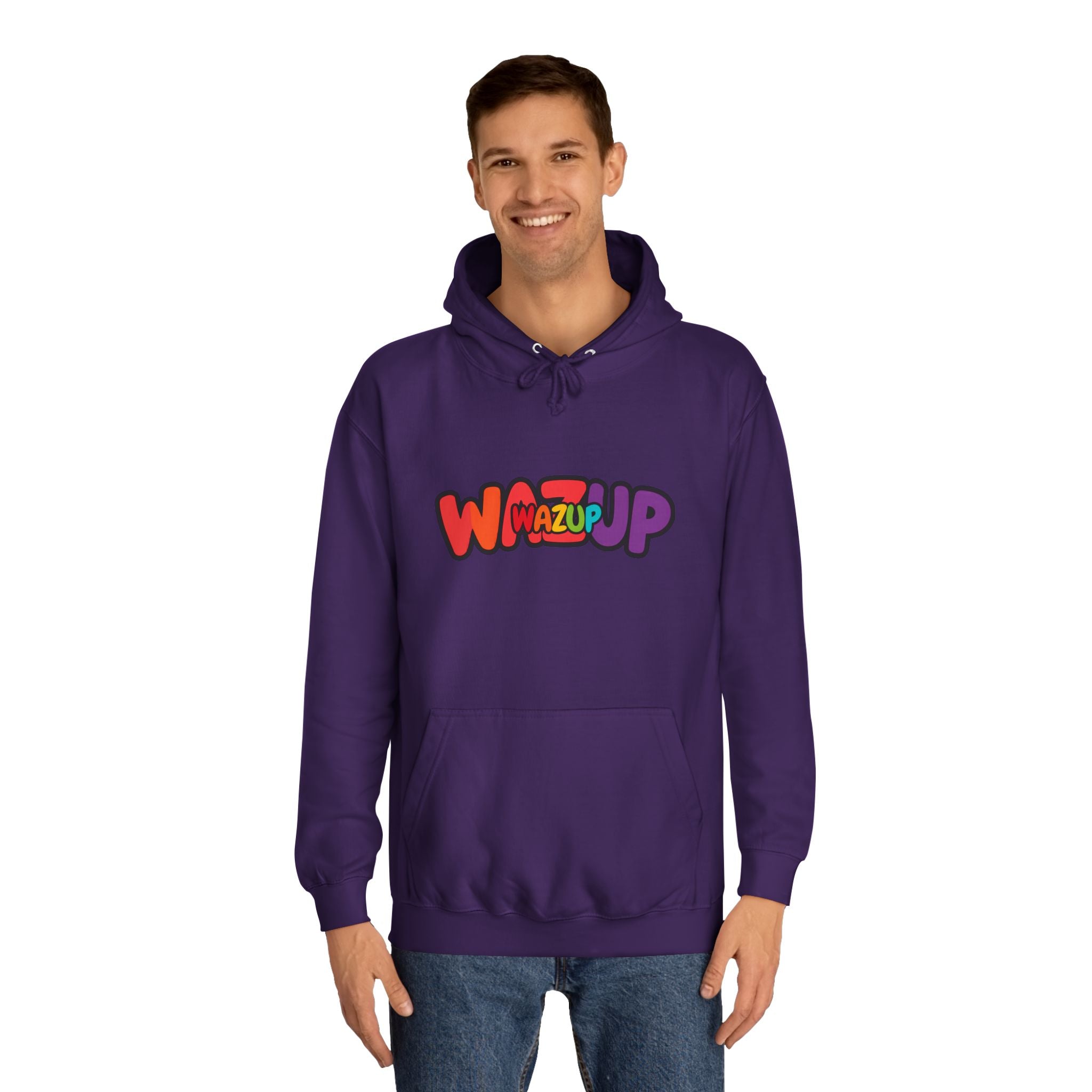 Wazup Colorburst Hoodie — Retro Bubble Letter Graphic Hooded Sweatshirt