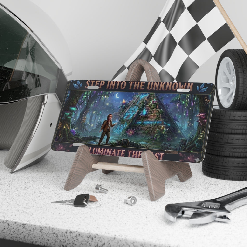 Fantasy Forest Vanity Plate — "Step Into the Unknown / Illuminate the Past" Metal License Plate