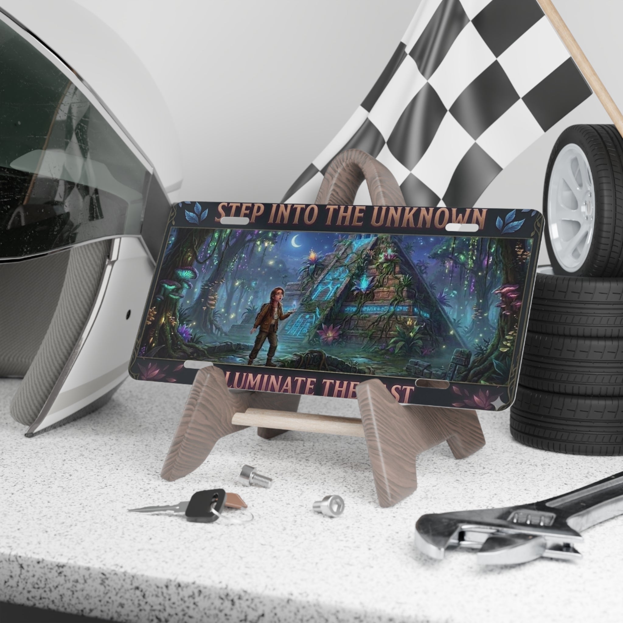 Fantasy Forest Vanity Plate — "Step Into the Unknown / Illuminate the Past" Metal License Plate