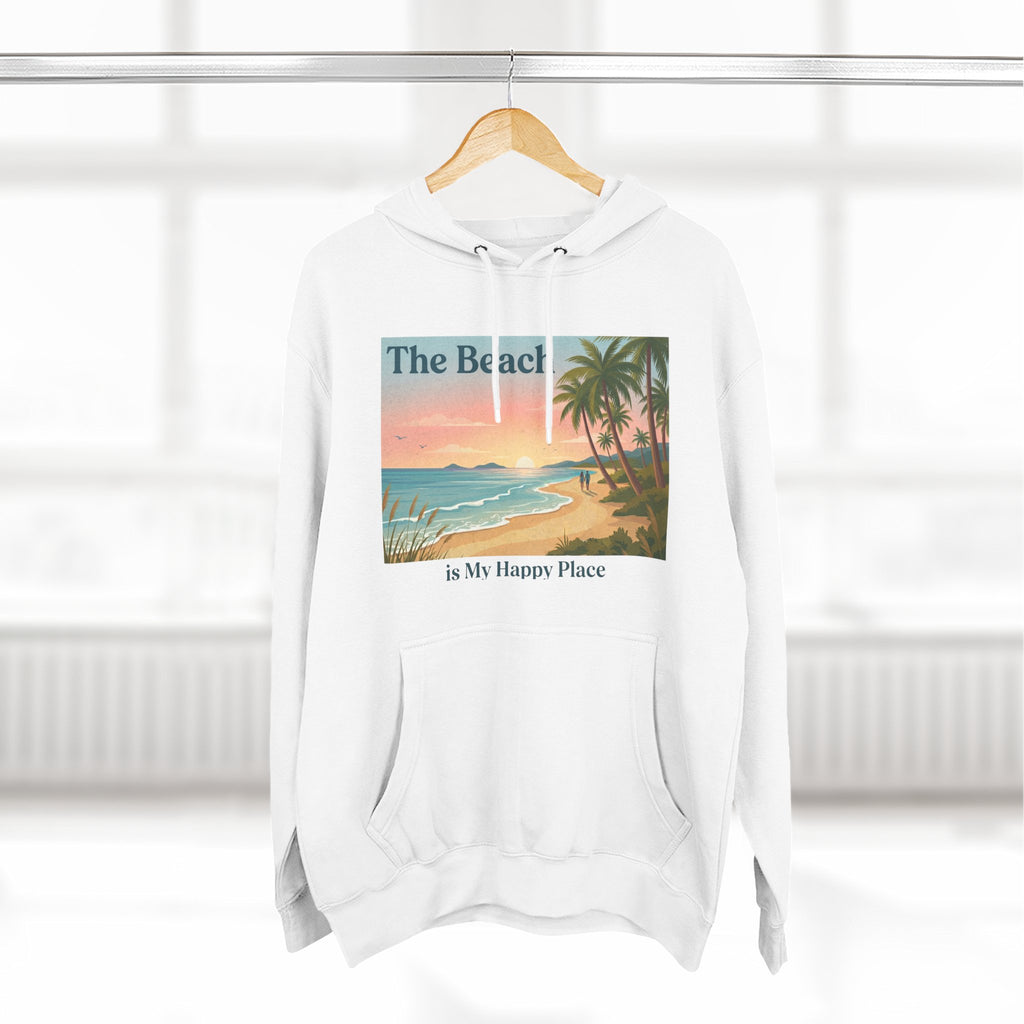 Beach Sunset Hoodie – "The Beach is My Happy Place" Coastal Palm Pullover