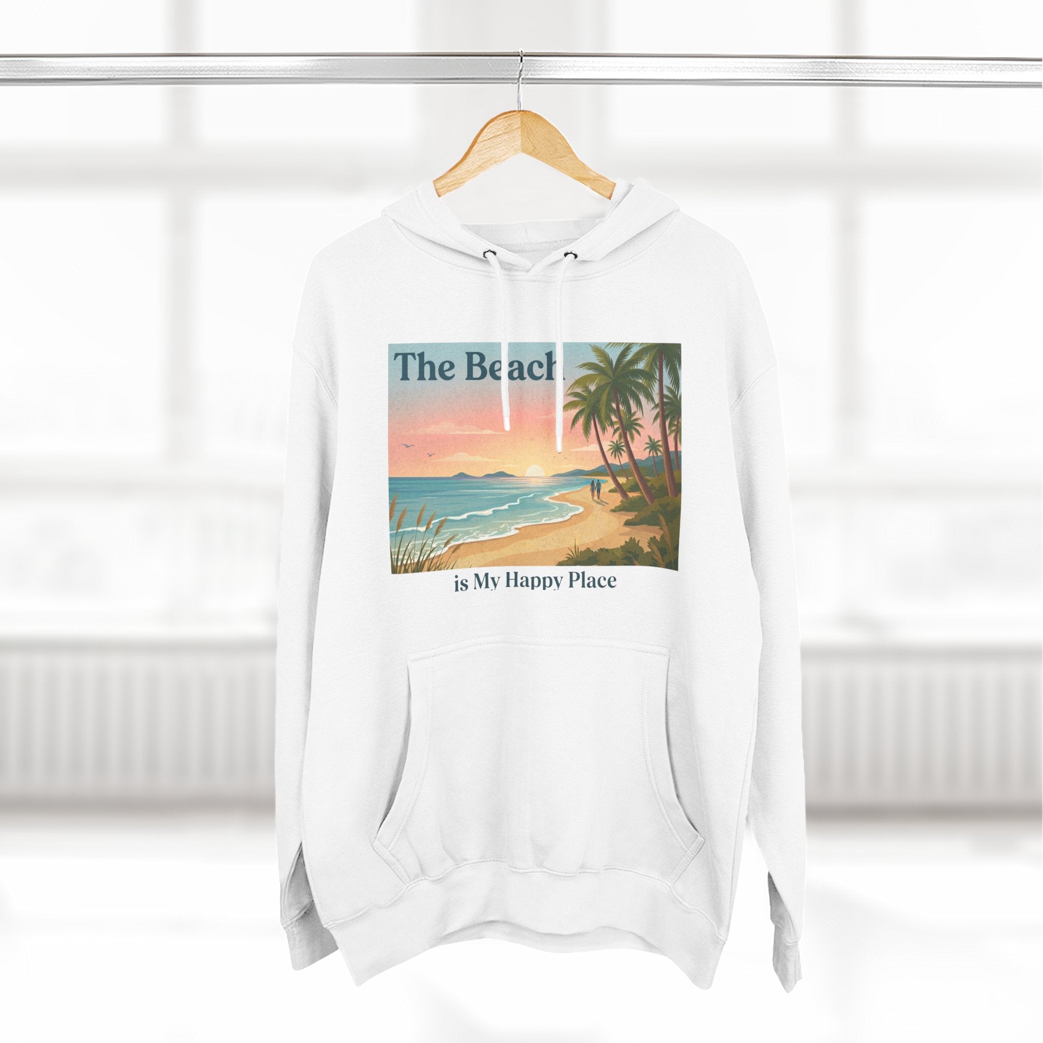 Beach Sunset Hoodie – "The Beach is My Happy Place" Coastal Palm Pullover