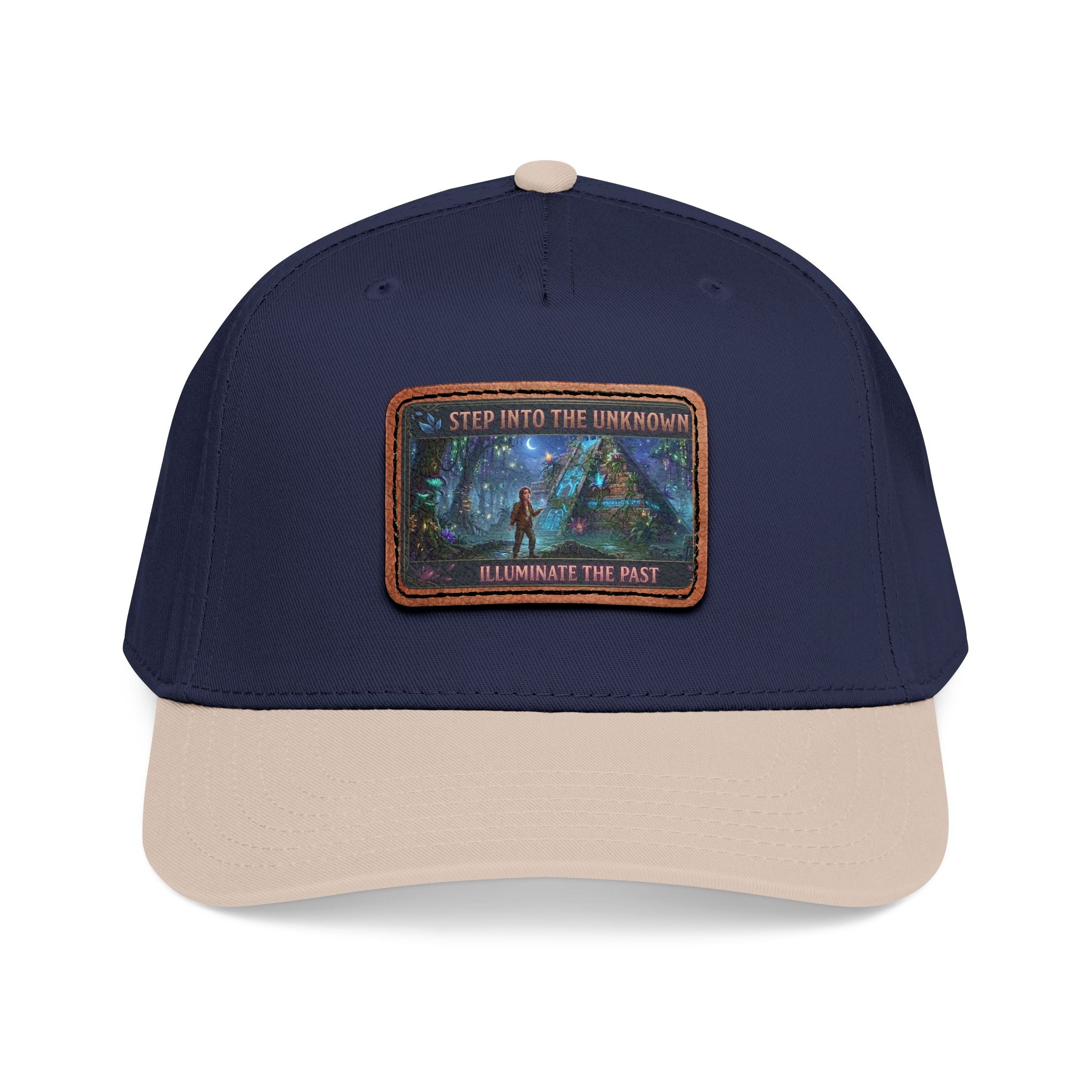 Leather Patch Baseball Cap — "Step Into the Unknown, Illuminate the Past" Forest Adventure Design