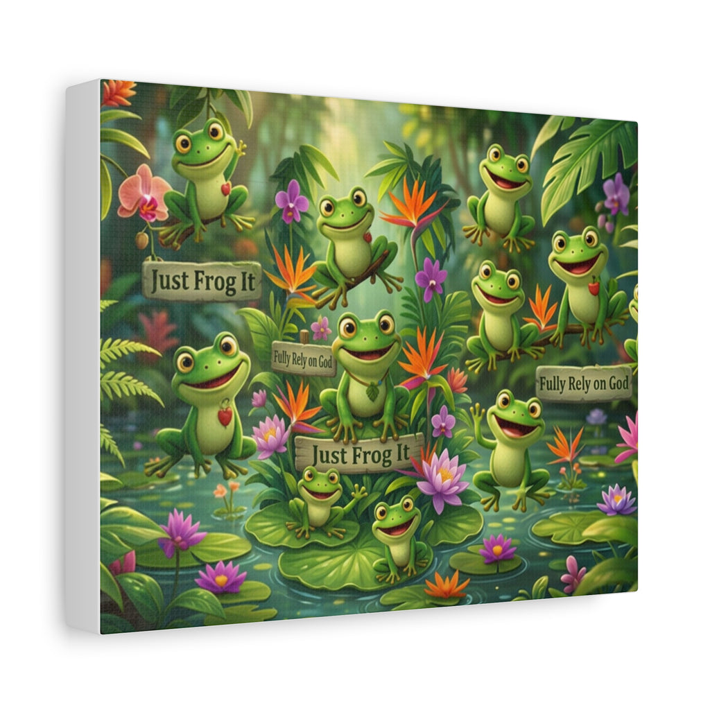 Whimsical Frog Garden Canvas — "Just Frog It" Inspirational Wall Art