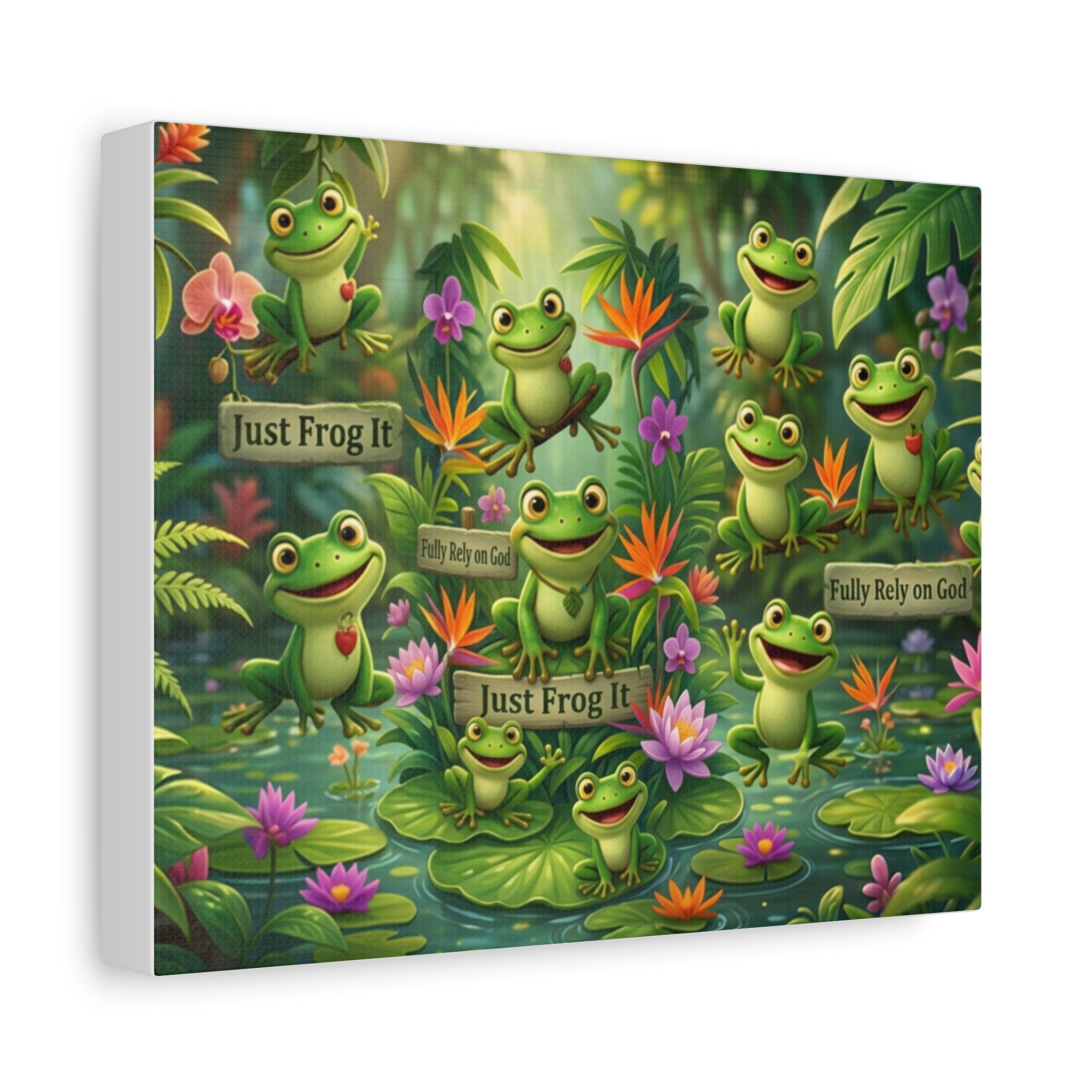 Whimsical Frog Garden Canvas — "Just Frog It" Inspirational Wall Art