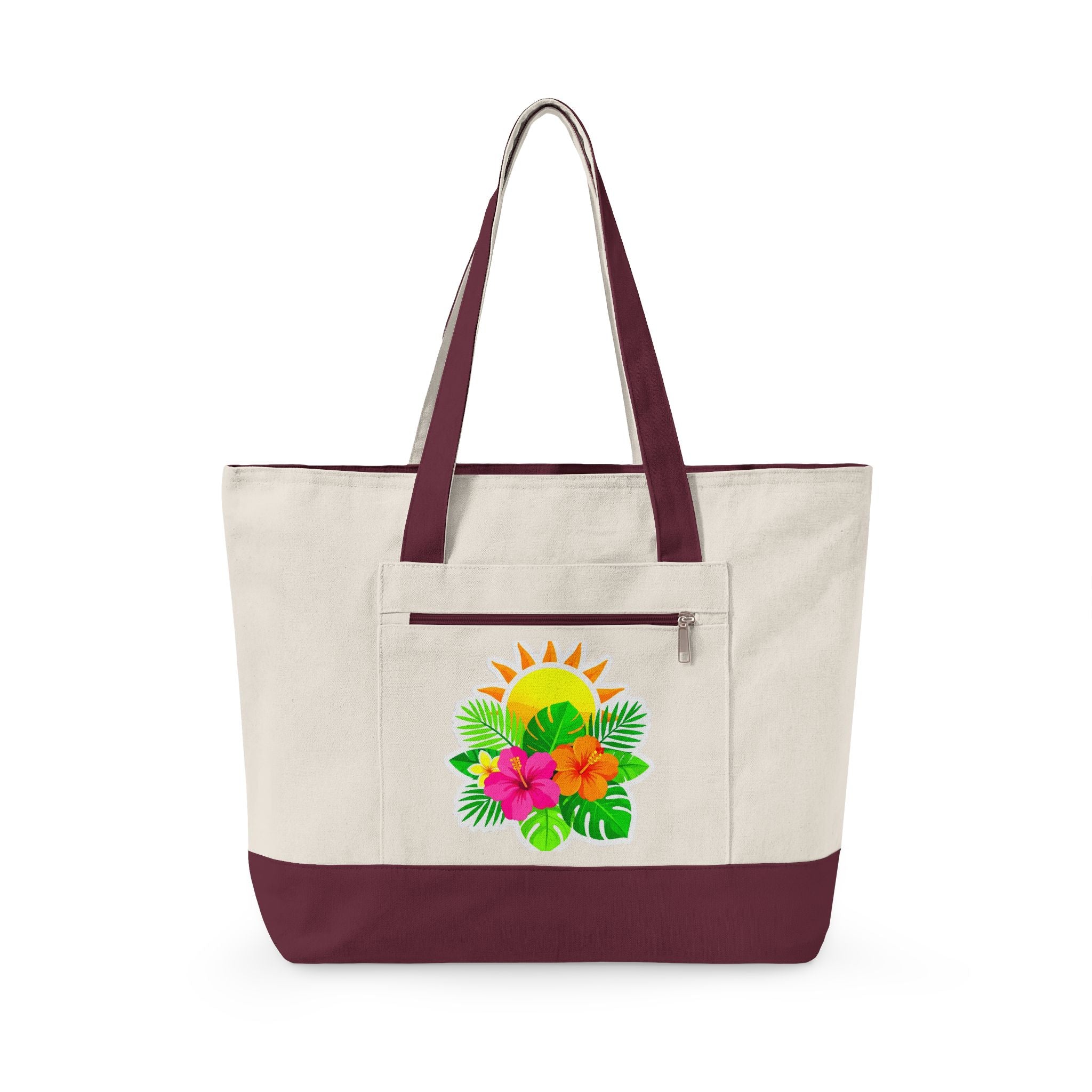 Tropical Sunrise Canvas Tote Bag — Zippered Beach Tote with Hibiscus & Palm Design