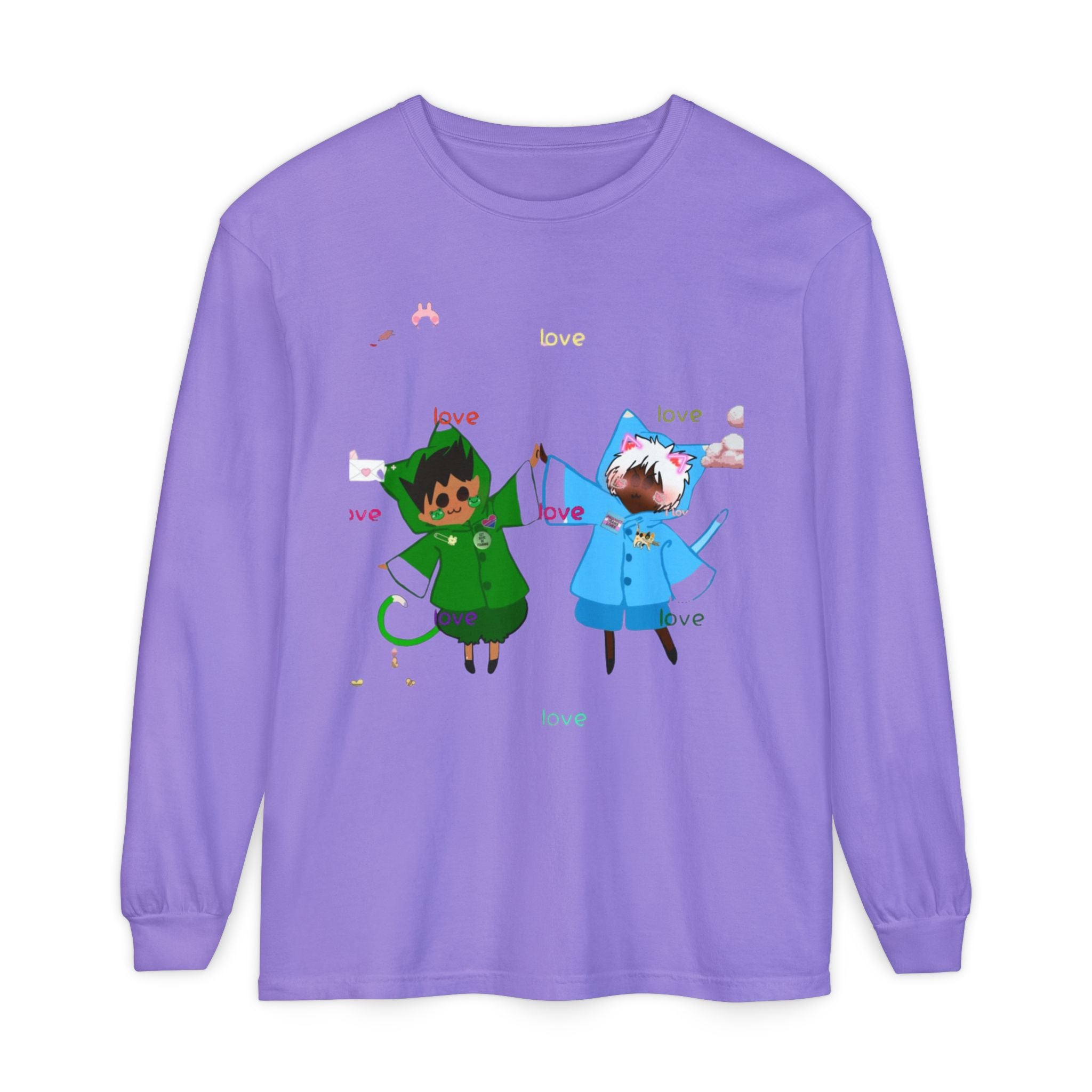 Cute Rainbow Cats Holding Hands Long Sleeve Tee – "Love" Graphic