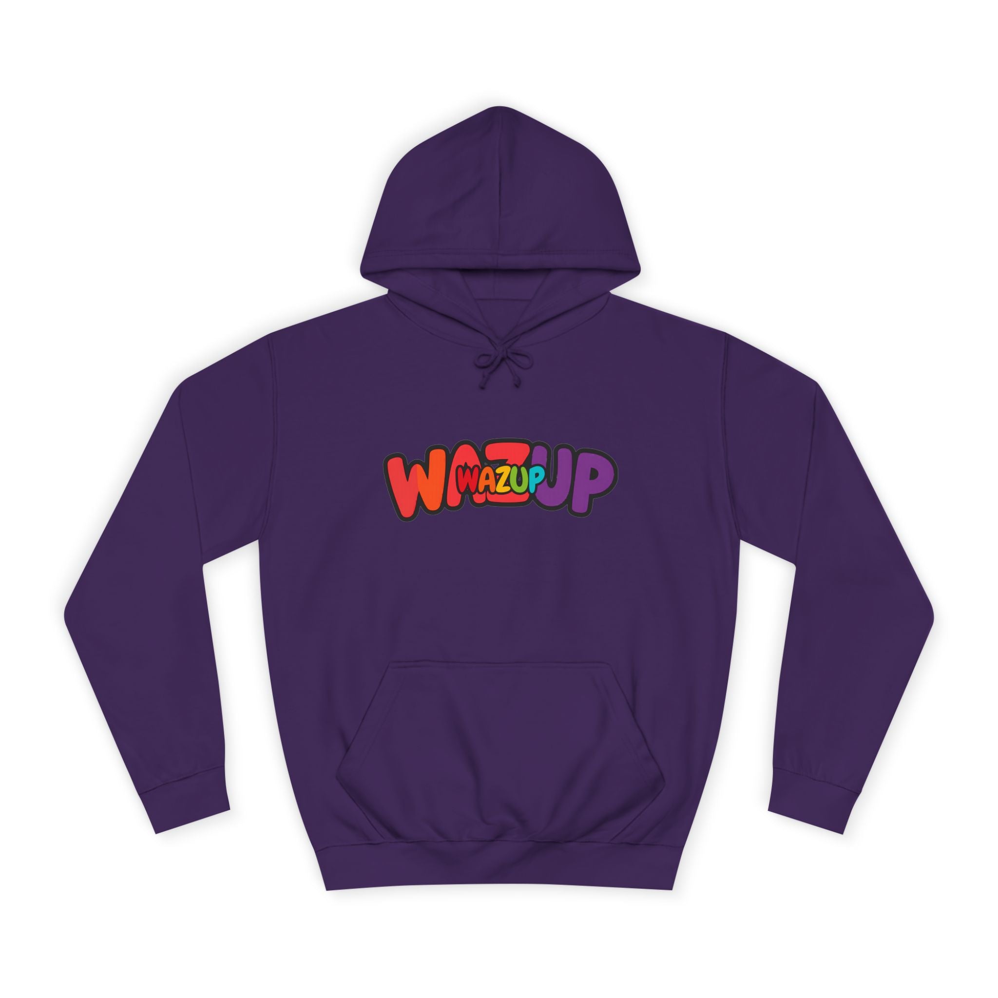 Wazup Colorburst Hoodie — Retro Bubble Letter Graphic Hooded Sweatshirt