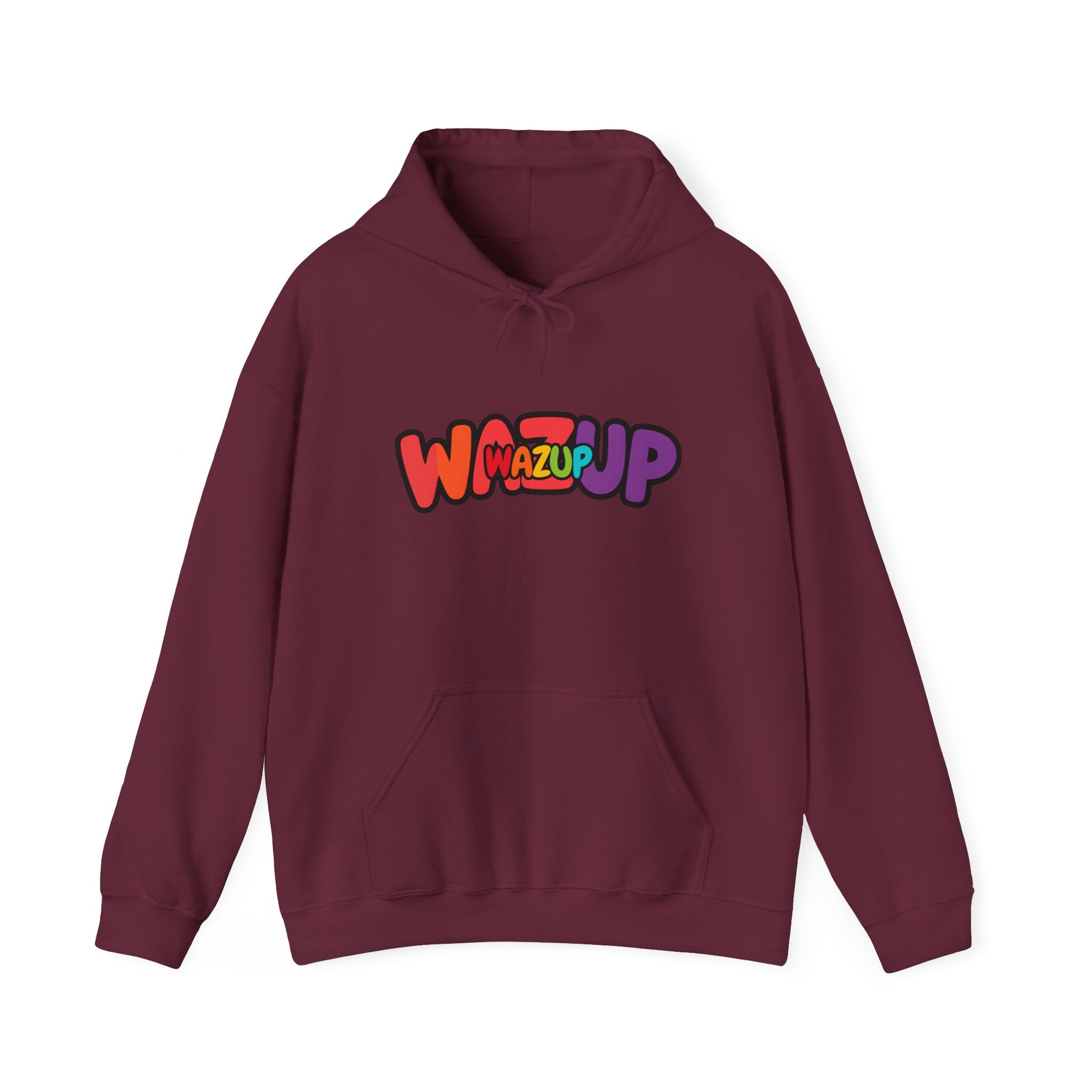 Wazup Rainbow Logo Hoodie — Colorful Retro Graphic Sweatshirt