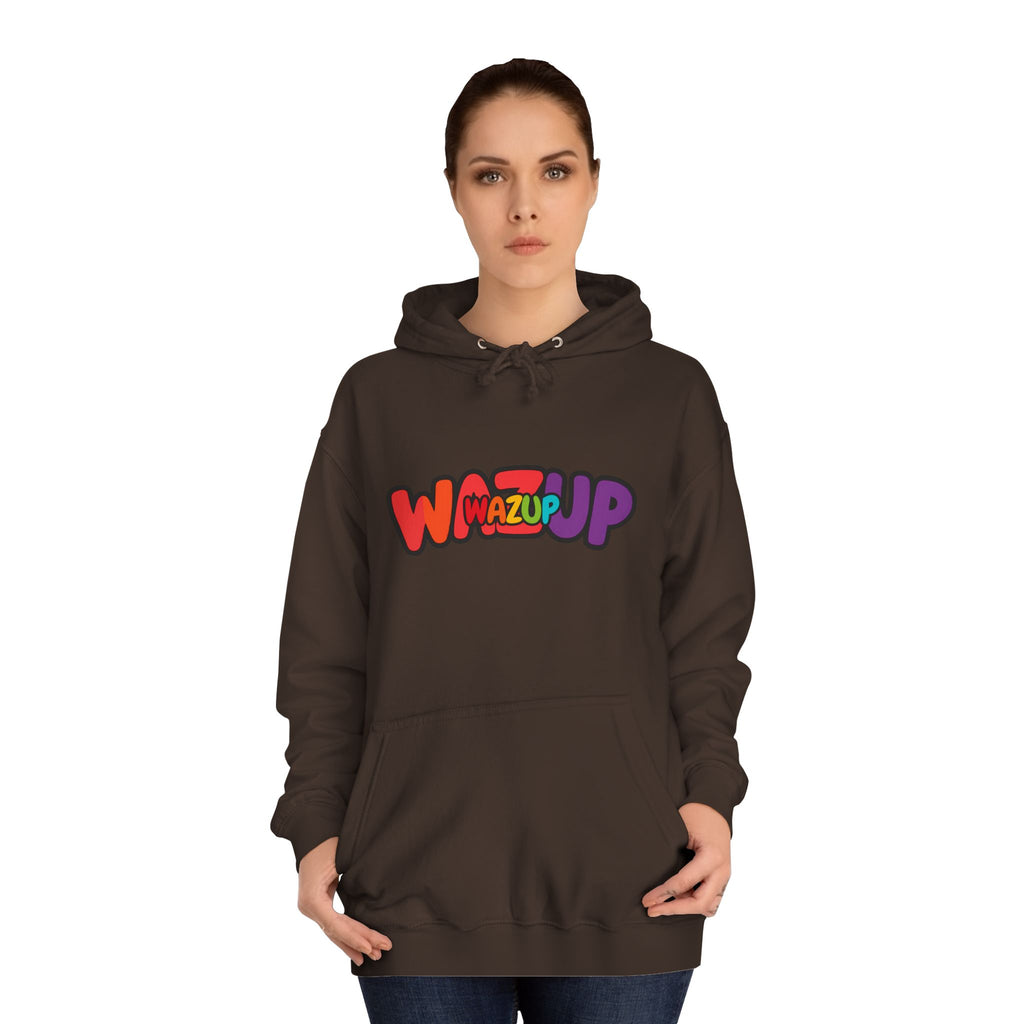 Wazup Colorburst Hoodie — Retro Bubble Letter Graphic Hooded Sweatshirt