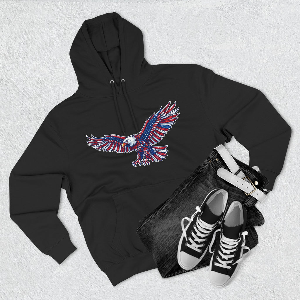 Eagle Flight Hoodie — Patriotic Red & Blue Soaring Eagle Graphic