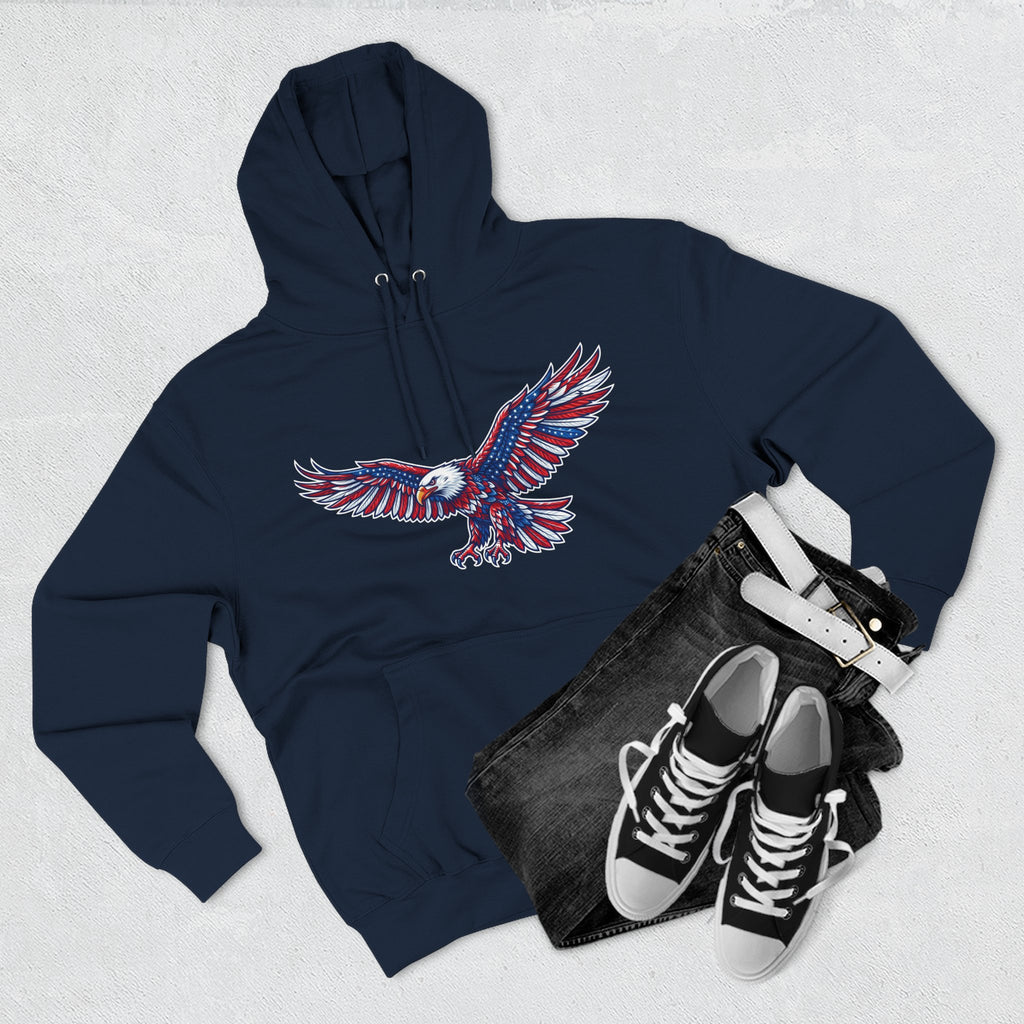 Eagle Flight Hoodie — Patriotic Red & Blue Soaring Eagle Graphic