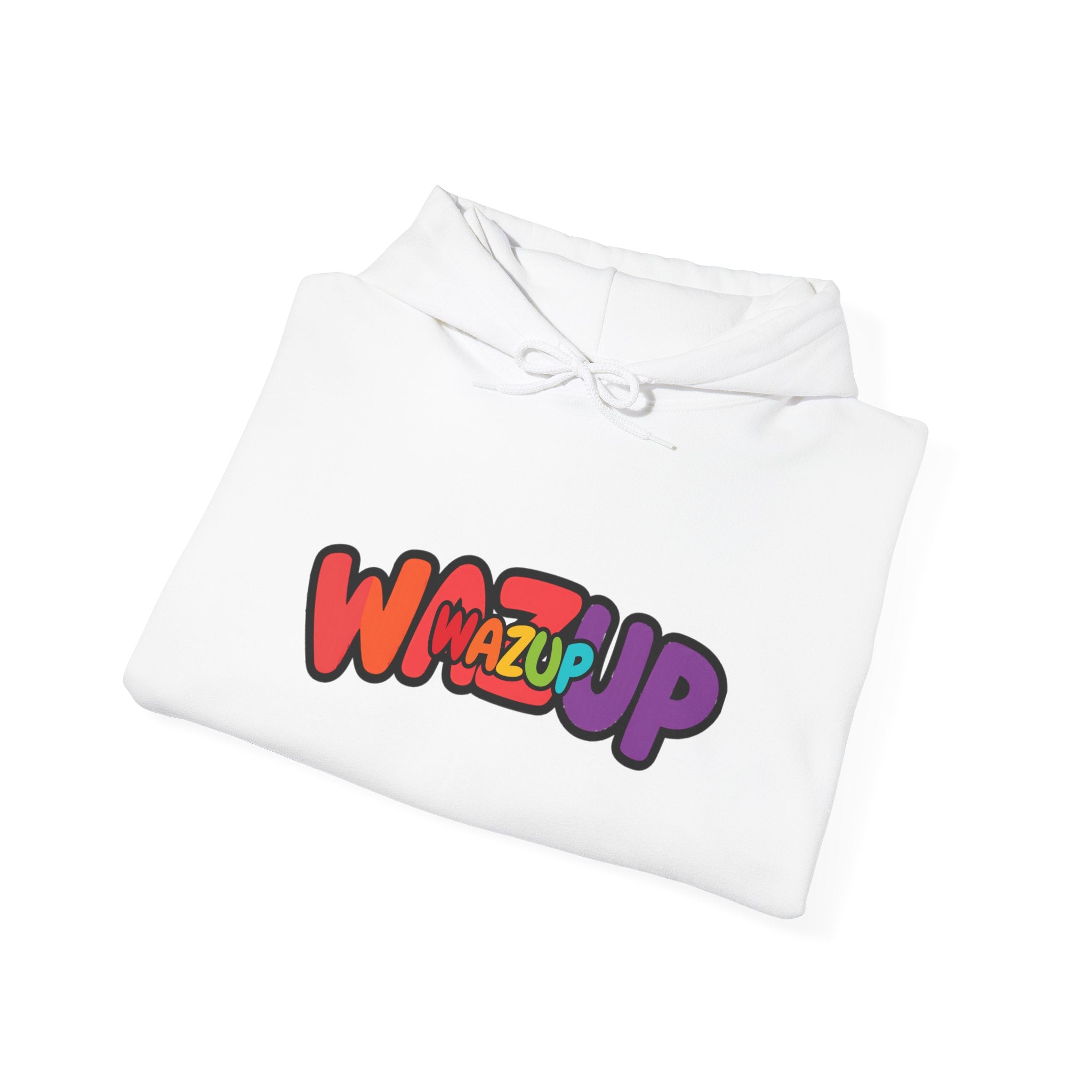 Wazup Rainbow Logo Hoodie — Colorful Retro Graphic Sweatshirt