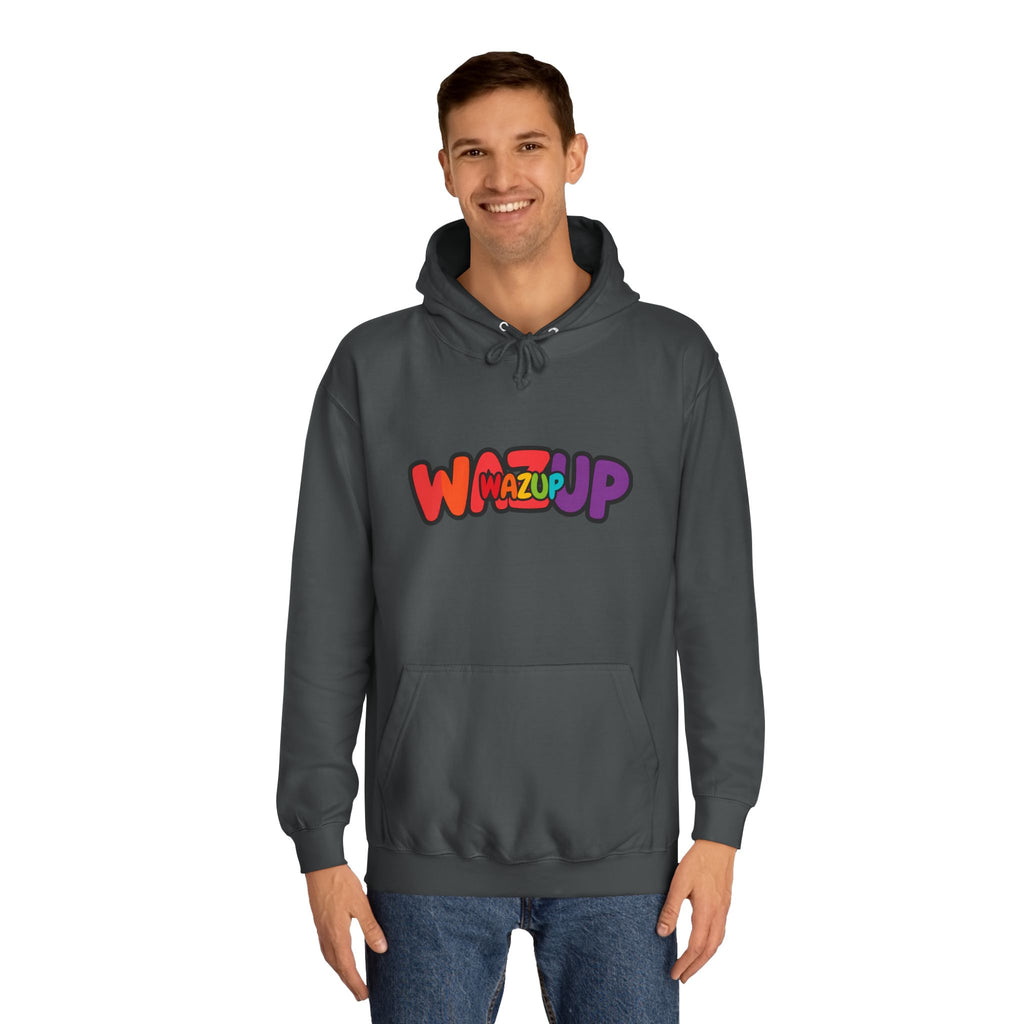 Wazup Colorburst Hoodie — Retro Bubble Letter Graphic Hooded Sweatshirt
