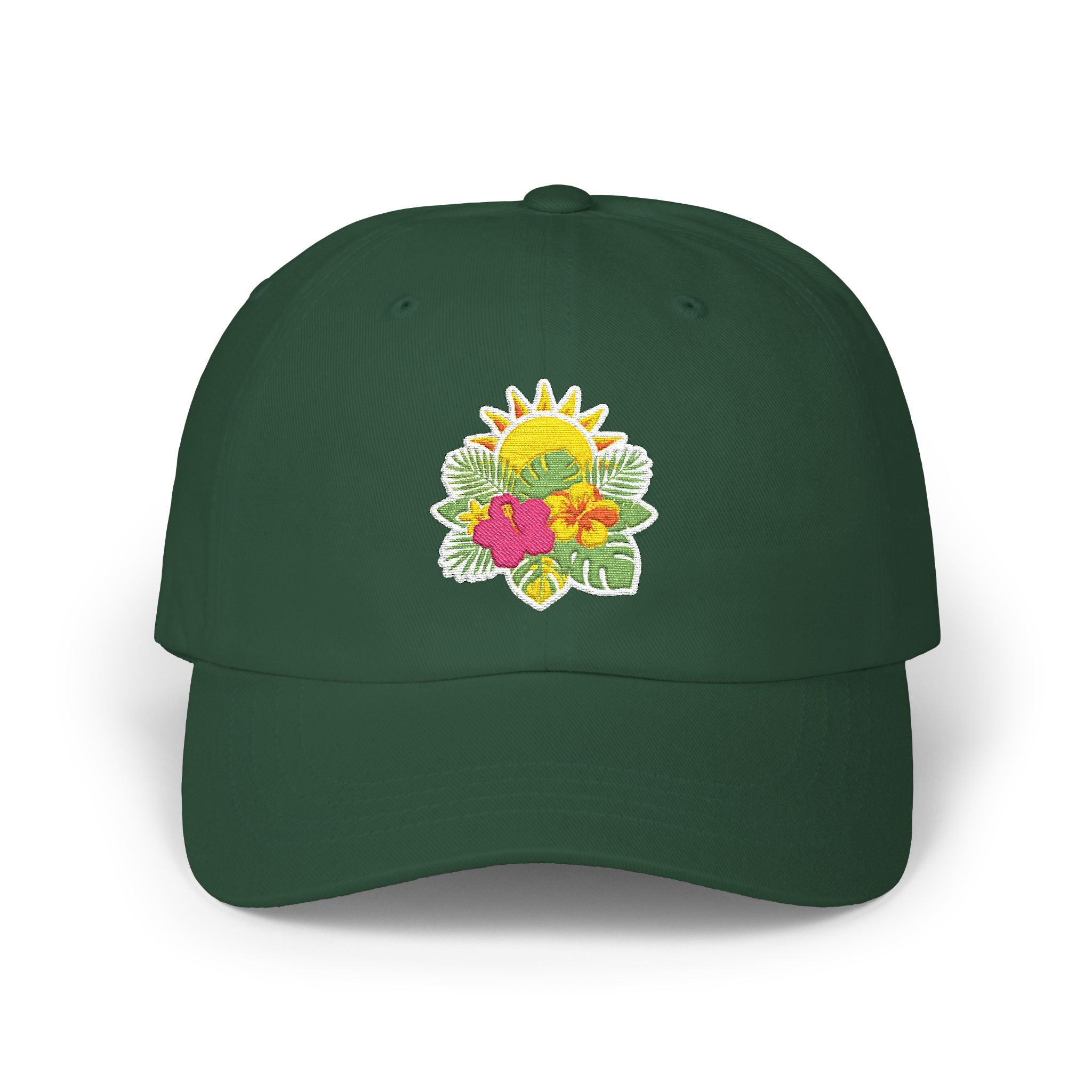 Floral Sunburst Dad Cap — Embroidered Sun & Hibiscus Baseball Hat