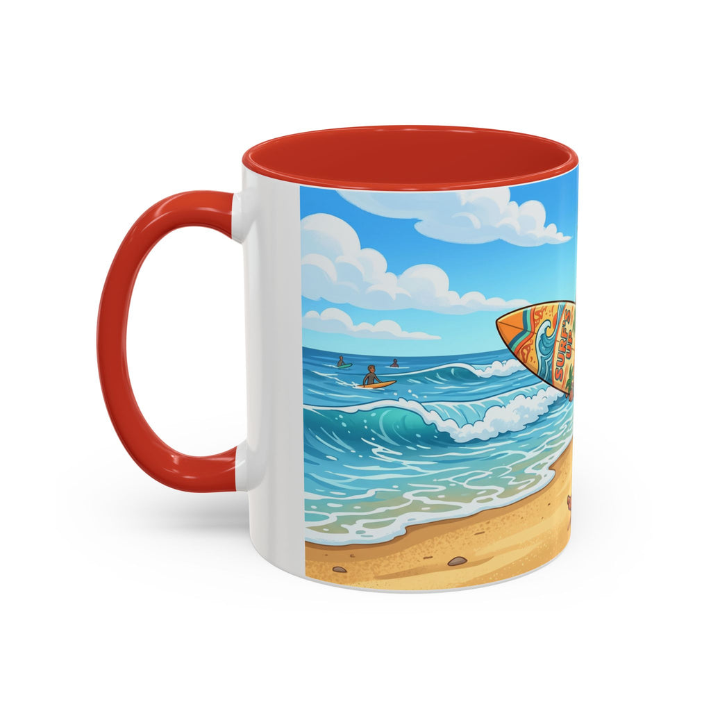 Surf Beach Coffee Mug — Cute Surfer Cartoon Design, 11/15oz Accent Mug
