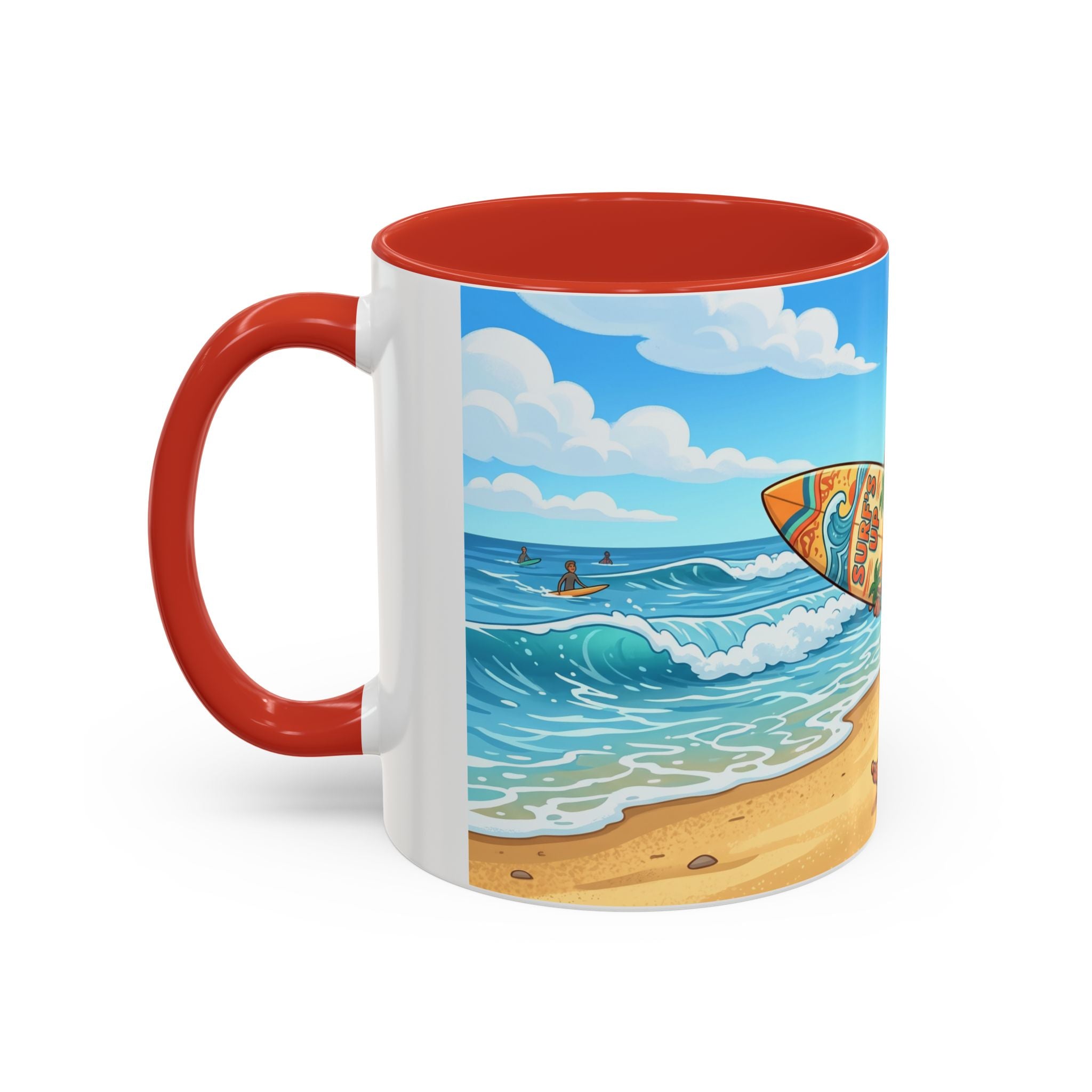 Surf Beach Coffee Mug — Cute Surfer Cartoon Design, 11/15oz Accent Mug