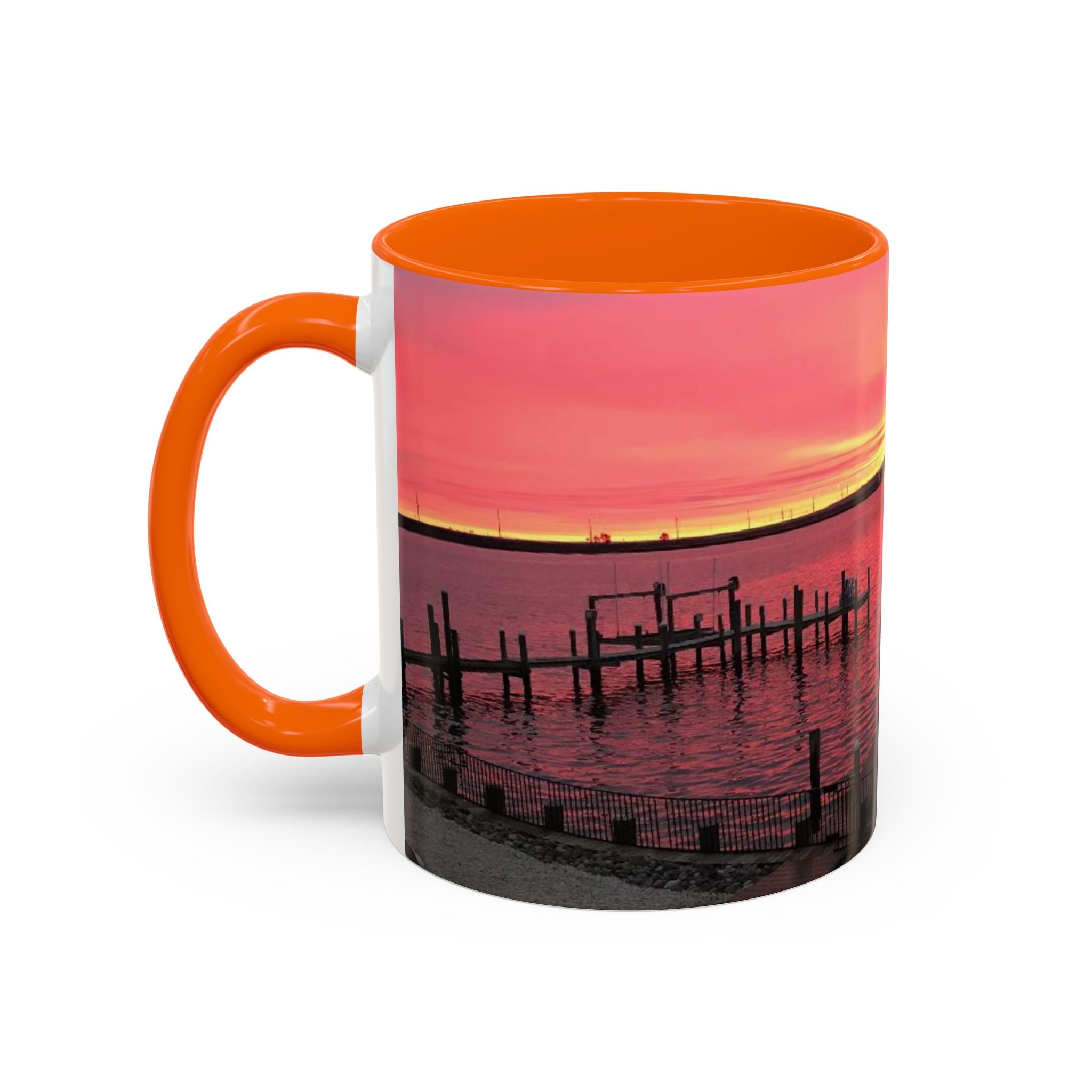 Sunset Harbor Accent Coffee Mug — Pink Sunrise Dock Scene (11/15oz)