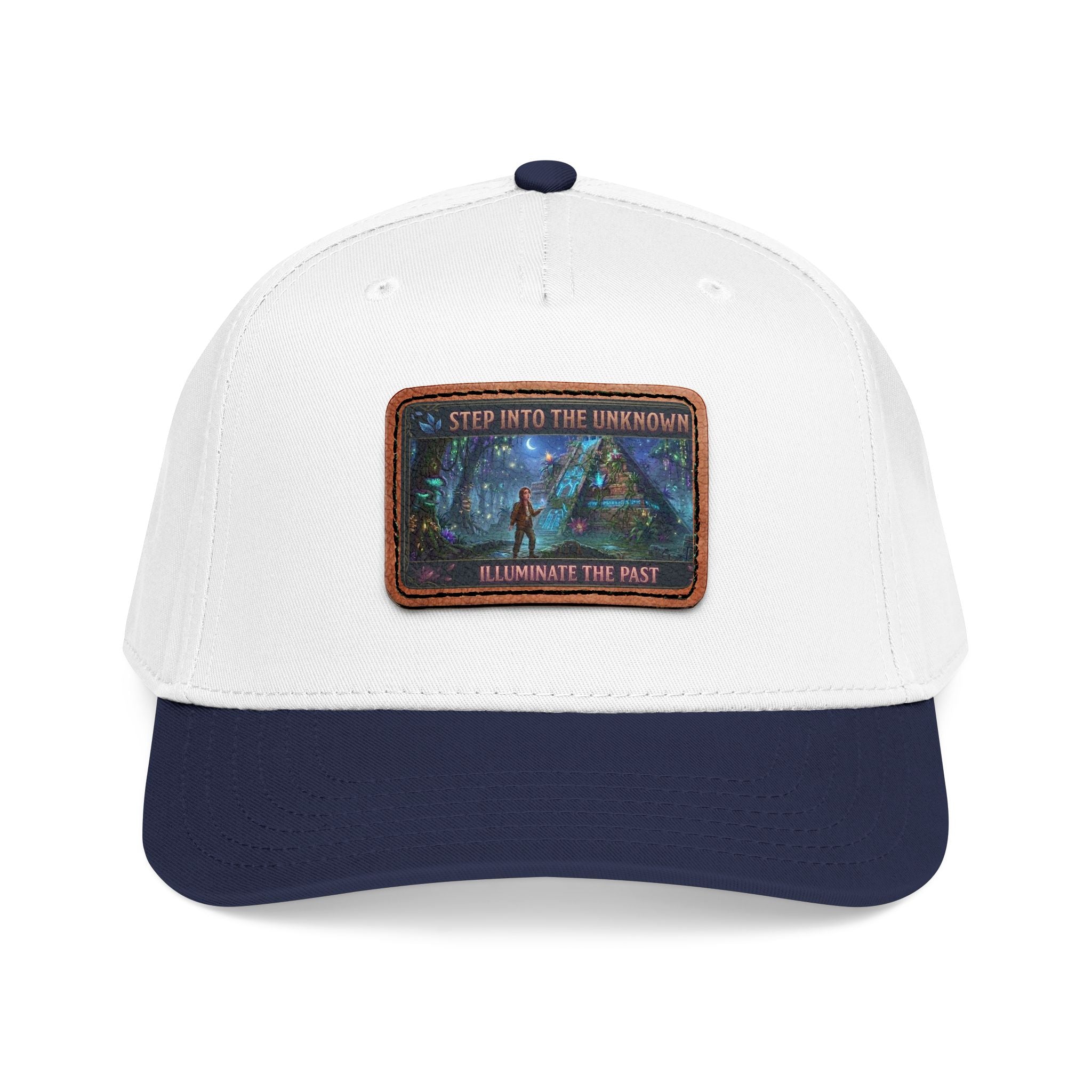 Leather Patch Baseball Cap — "Step Into the Unknown, Illuminate the Past" Forest Adventure Design