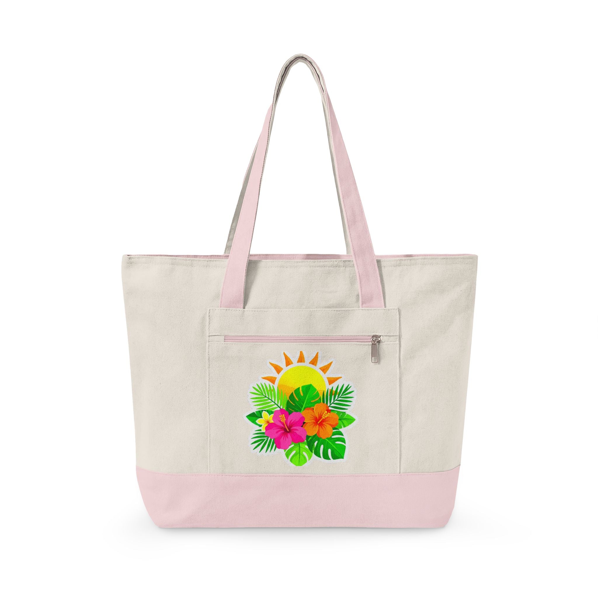 Tropical Sunrise Canvas Tote Bag — Zippered Beach Tote with Hibiscus & Palm Design