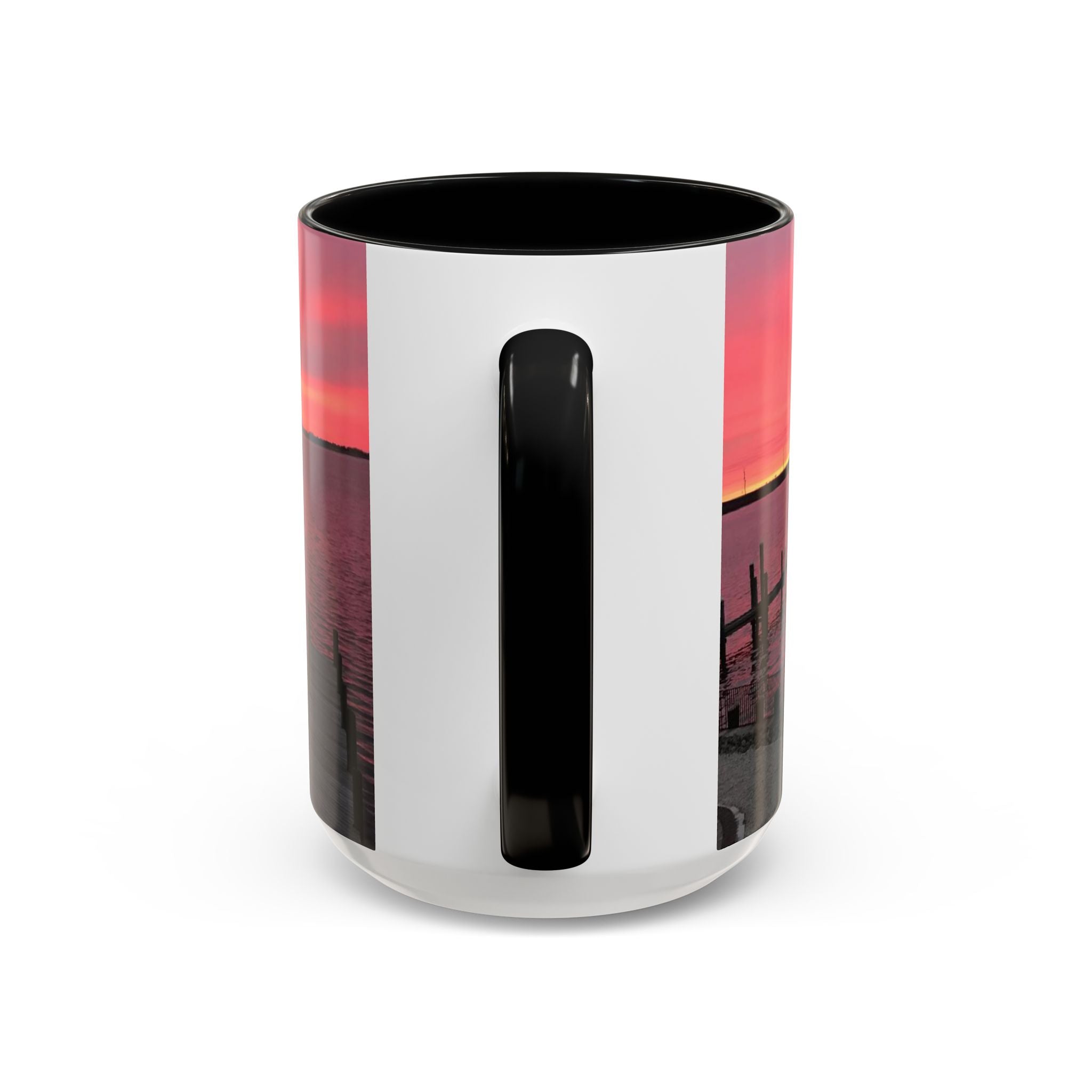Sunset Harbor Accent Coffee Mug — Pink Sunrise Dock Scene (11/15oz)