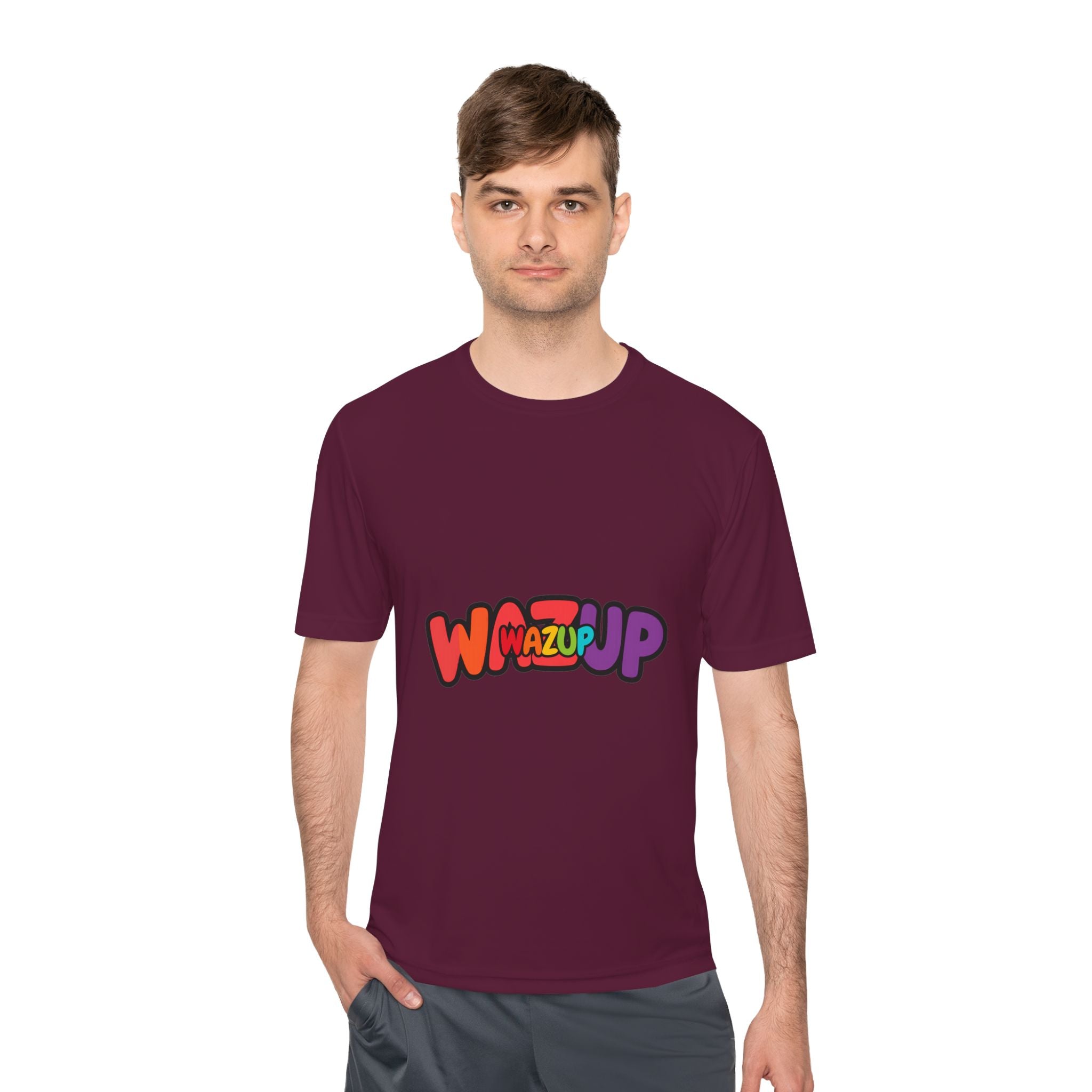 Wazup Colorblock Graphic Tee — Retro Pop 'Wazup' Moisture-Wicking Shirt