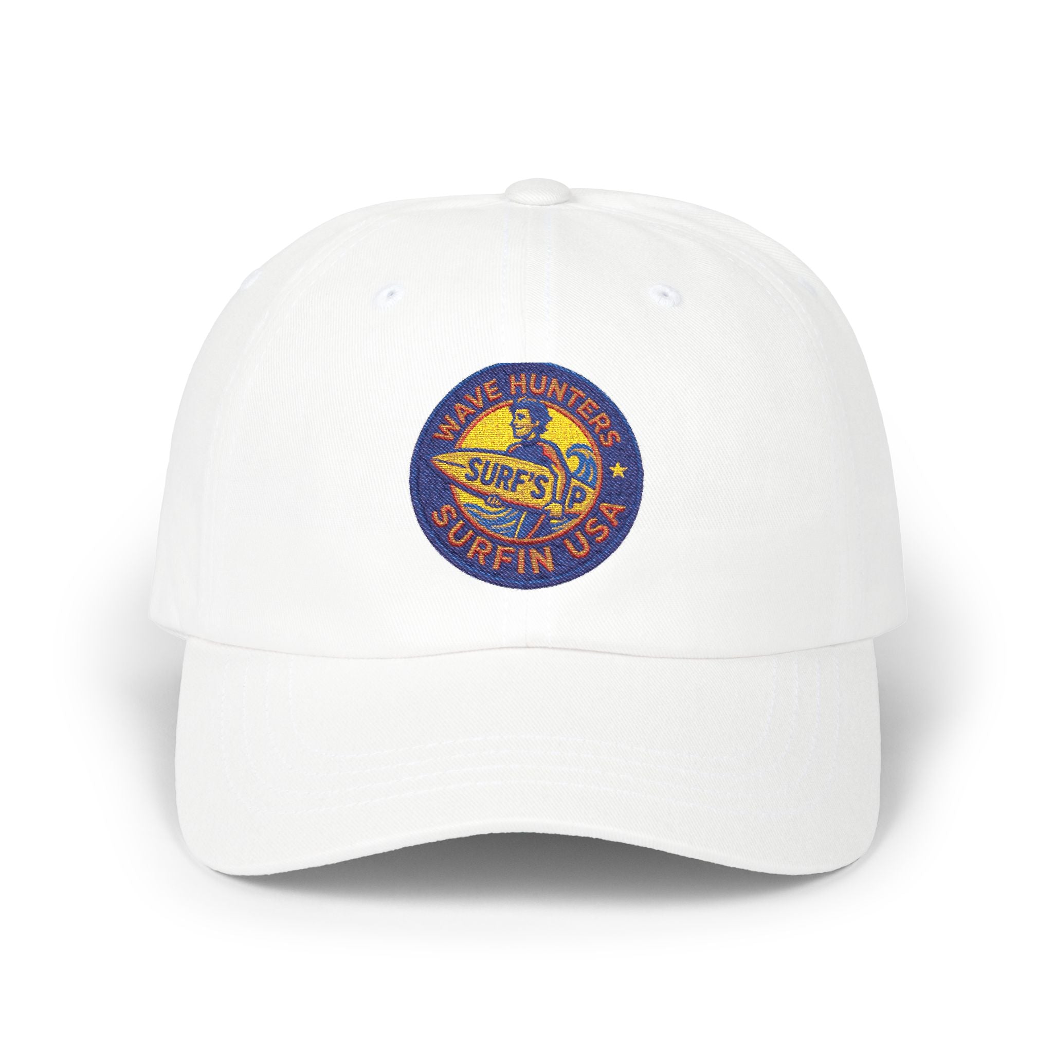 Dad Cap — Retro Surf Patch “Wave Hunter Surfin USA” Embroidered Baseball Hat