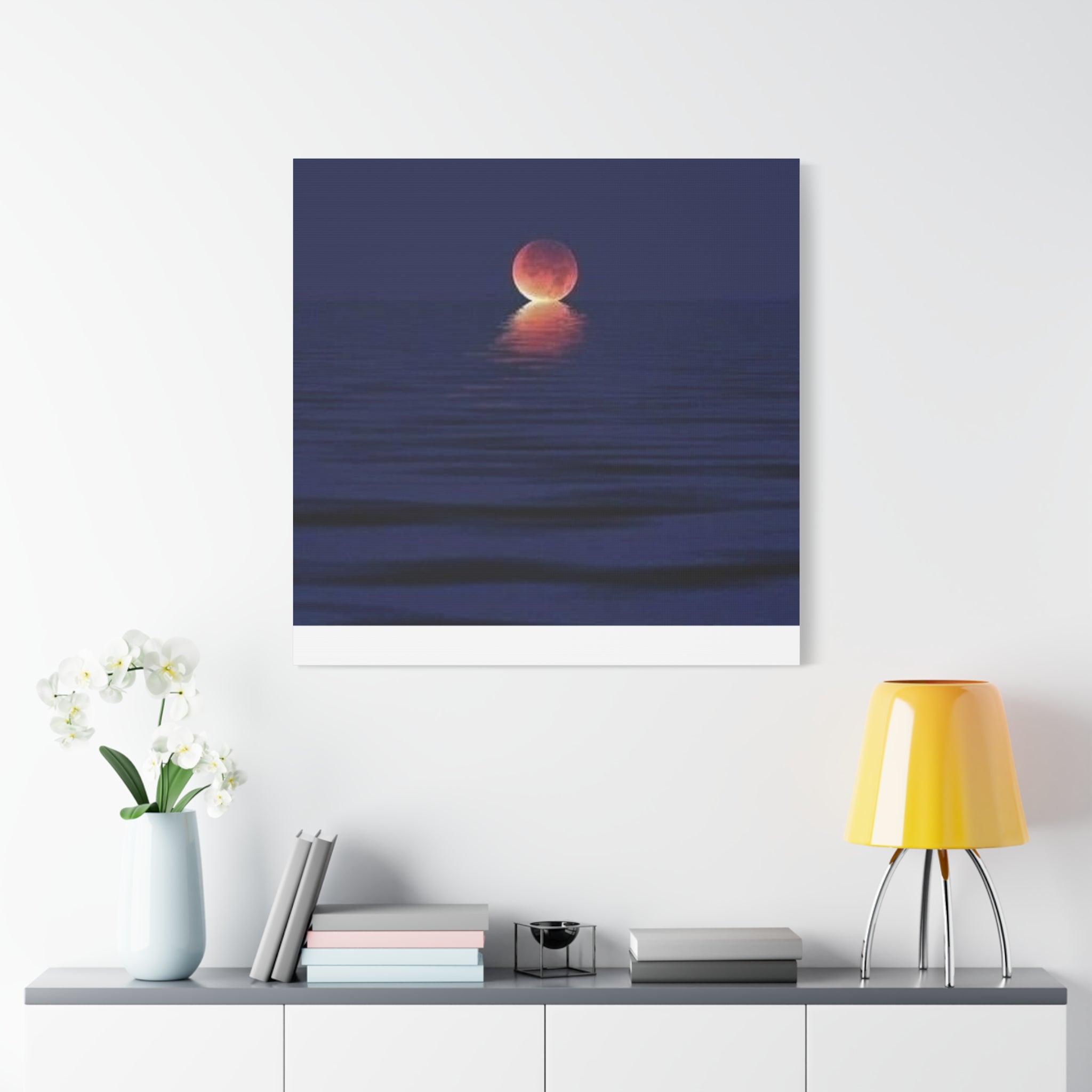 Lunar Reflection Canvas Art — Moonrise Over Calm Sea Stretched Matte Wall Art