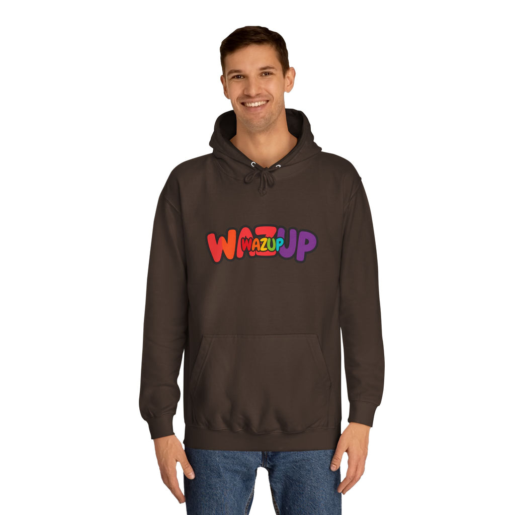 Wazup Colorburst Hoodie — Retro Bubble Letter Graphic Hooded Sweatshirt