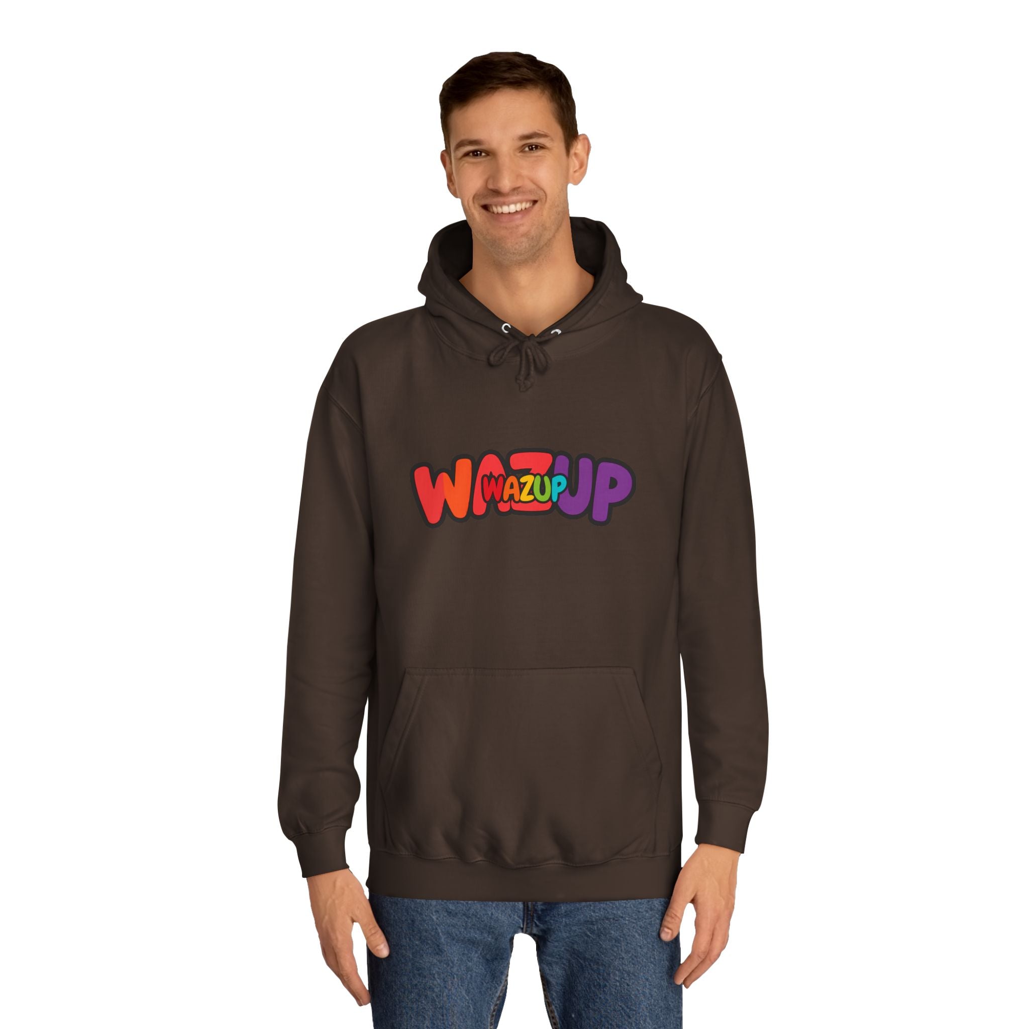 Wazup Colorburst Hoodie — Retro Bubble Letter Graphic Hooded Sweatshirt