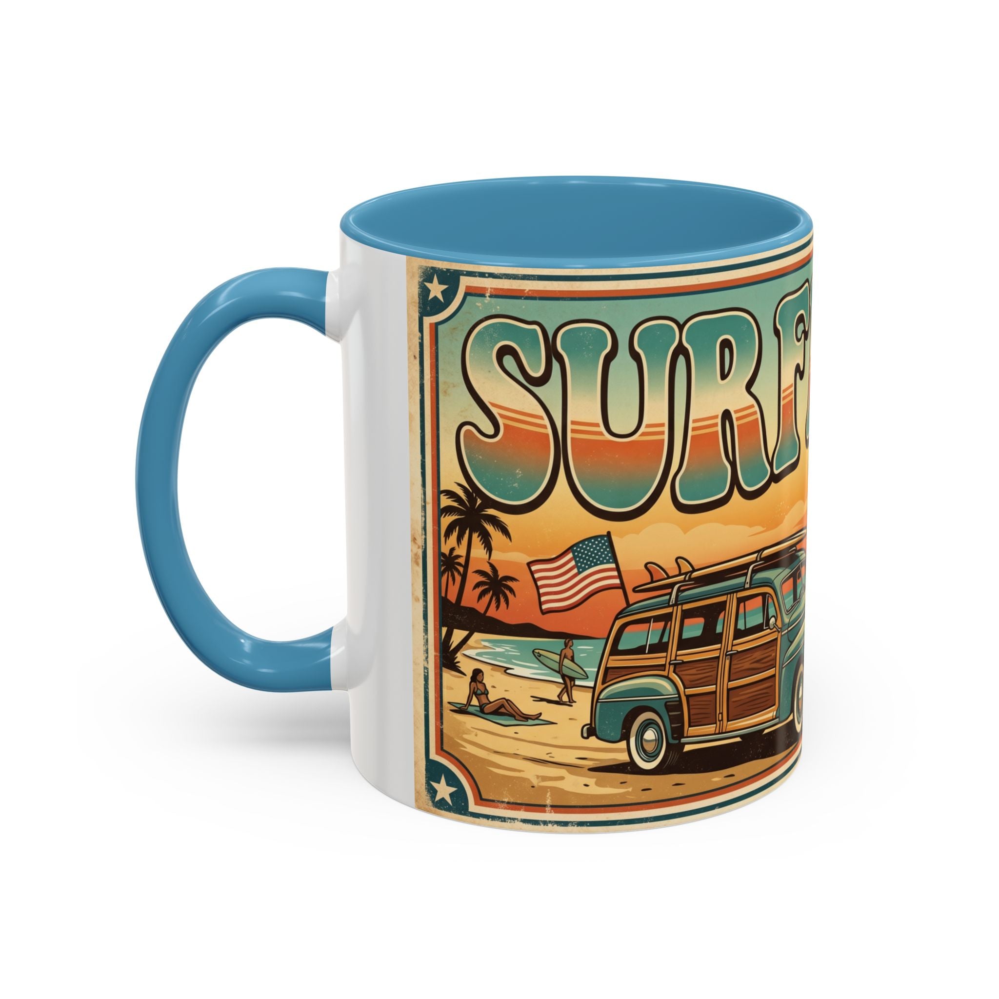 Surfing USA Coffee Mug — Retro Beach Vintage Surfboard Sunset Design
