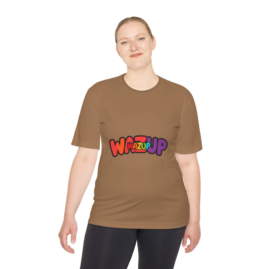 Wazup Colorblock Graphic Tee — Retro Pop 'Wazup' Moisture-Wicking Shirt
