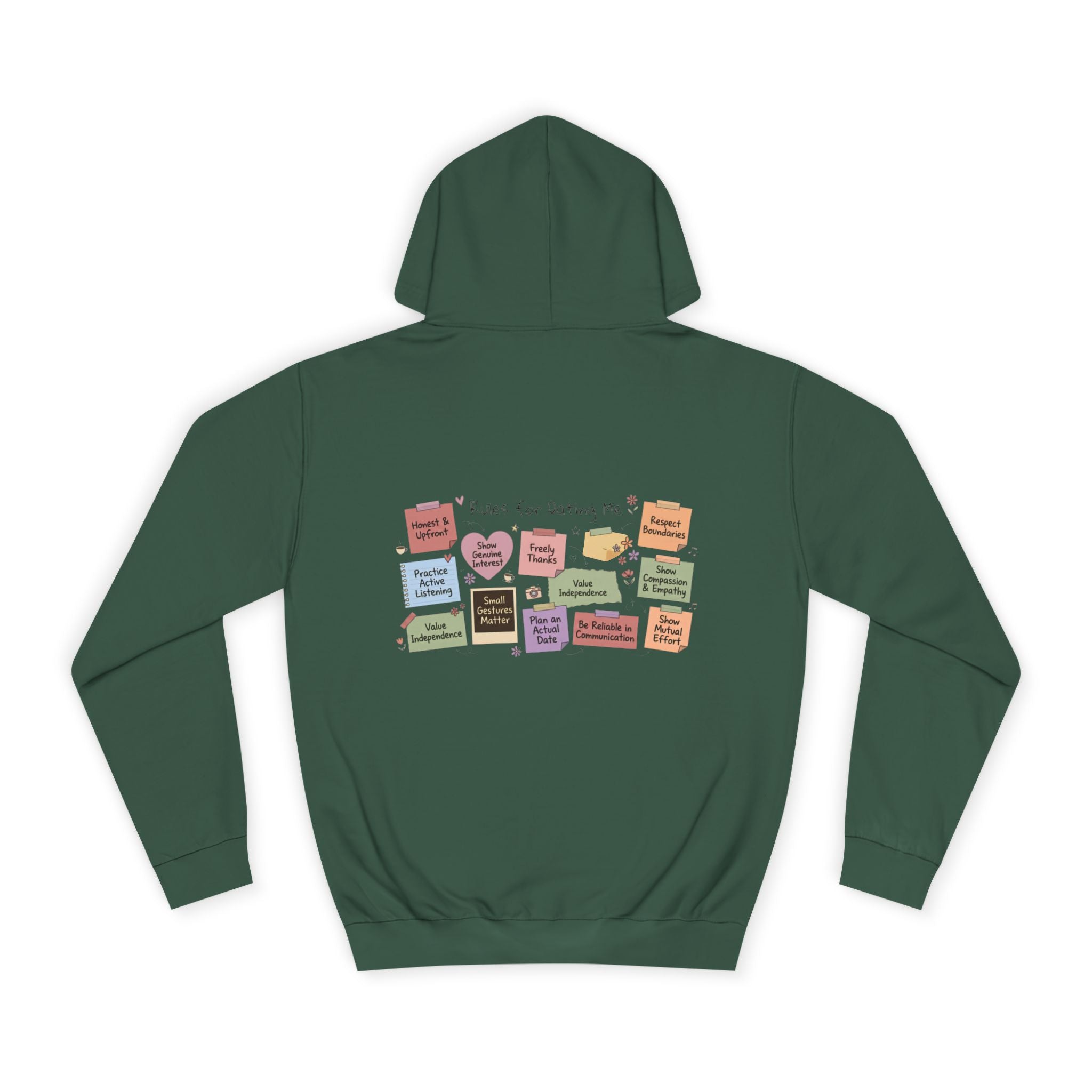 College Hoodie — Retro Sticky Notes Back Print, Cute Study Vibes