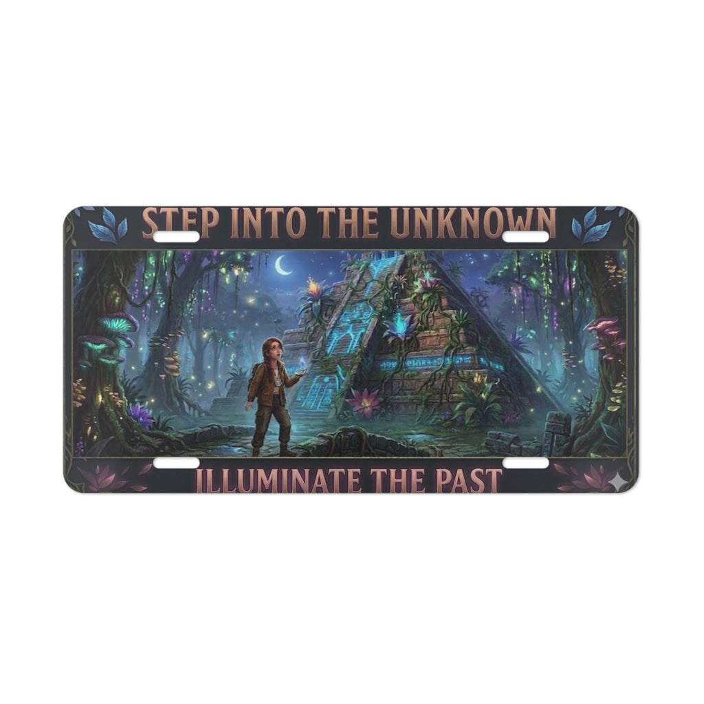 Fantasy Forest Vanity Plate — "Step Into the Unknown / Illuminate the Past" Metal License Plate