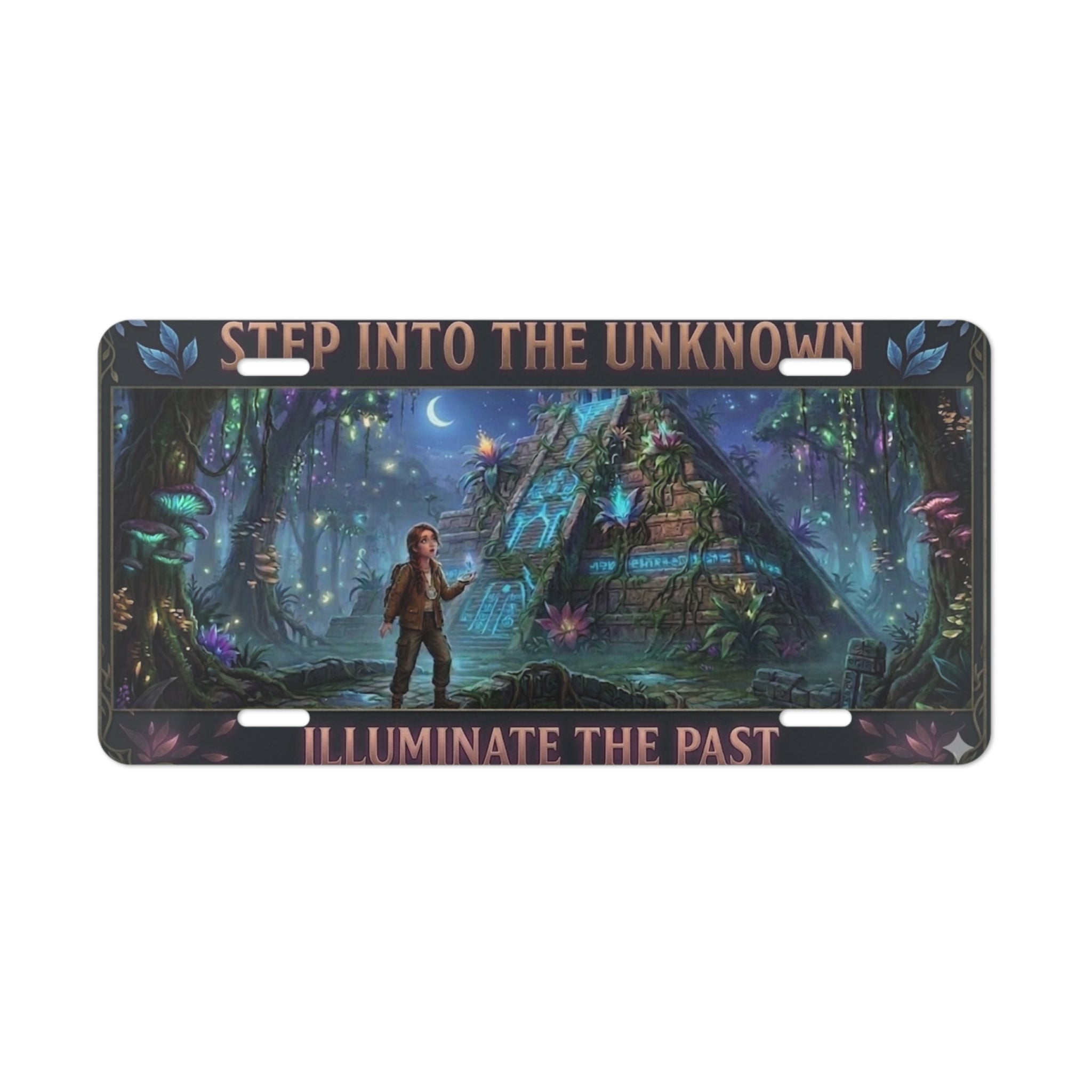 Fantasy Forest Vanity Plate — "Step Into the Unknown / Illuminate the Past" Metal License Plate