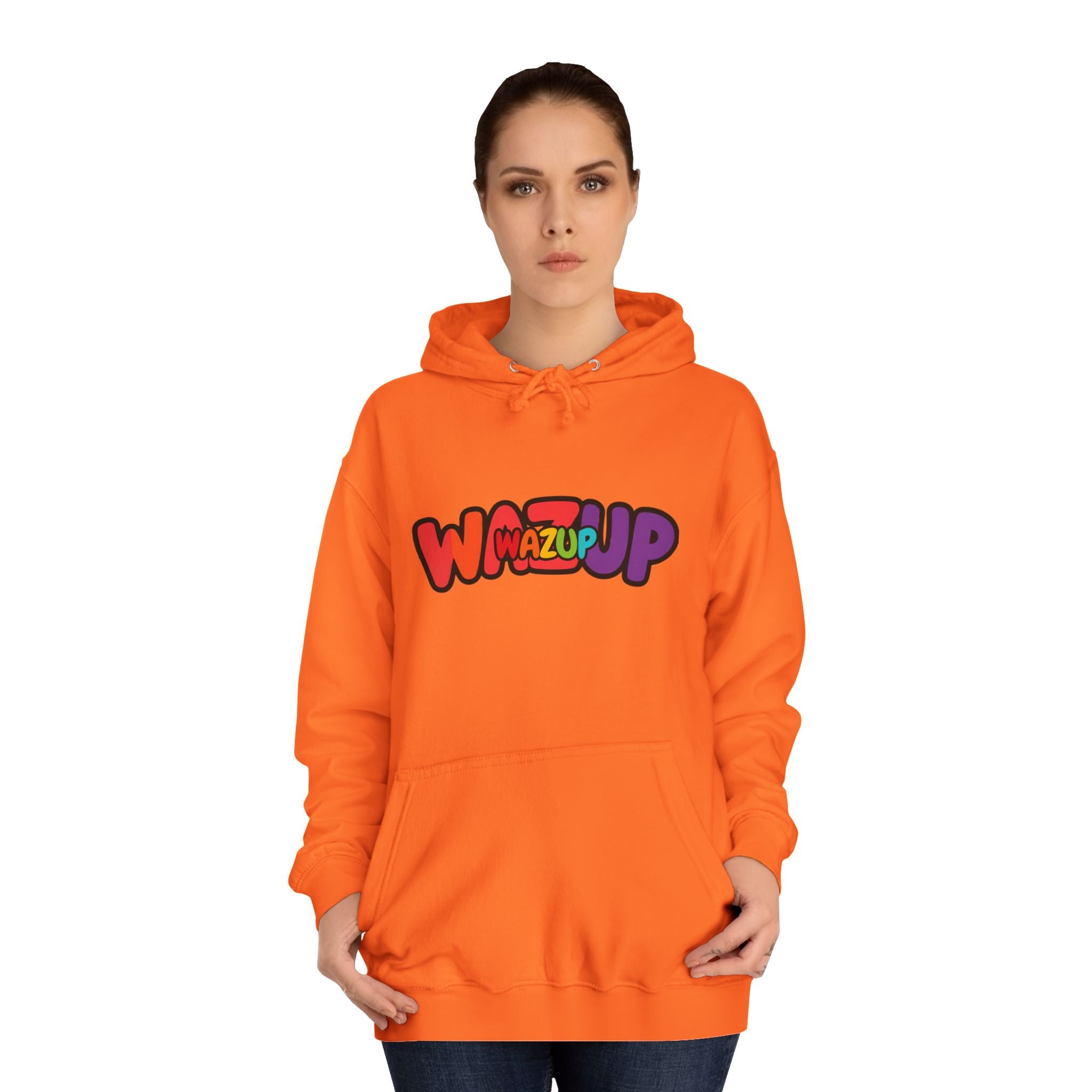 Wazup Colorburst Hoodie — Retro Bubble Letter Graphic Hooded Sweatshirt