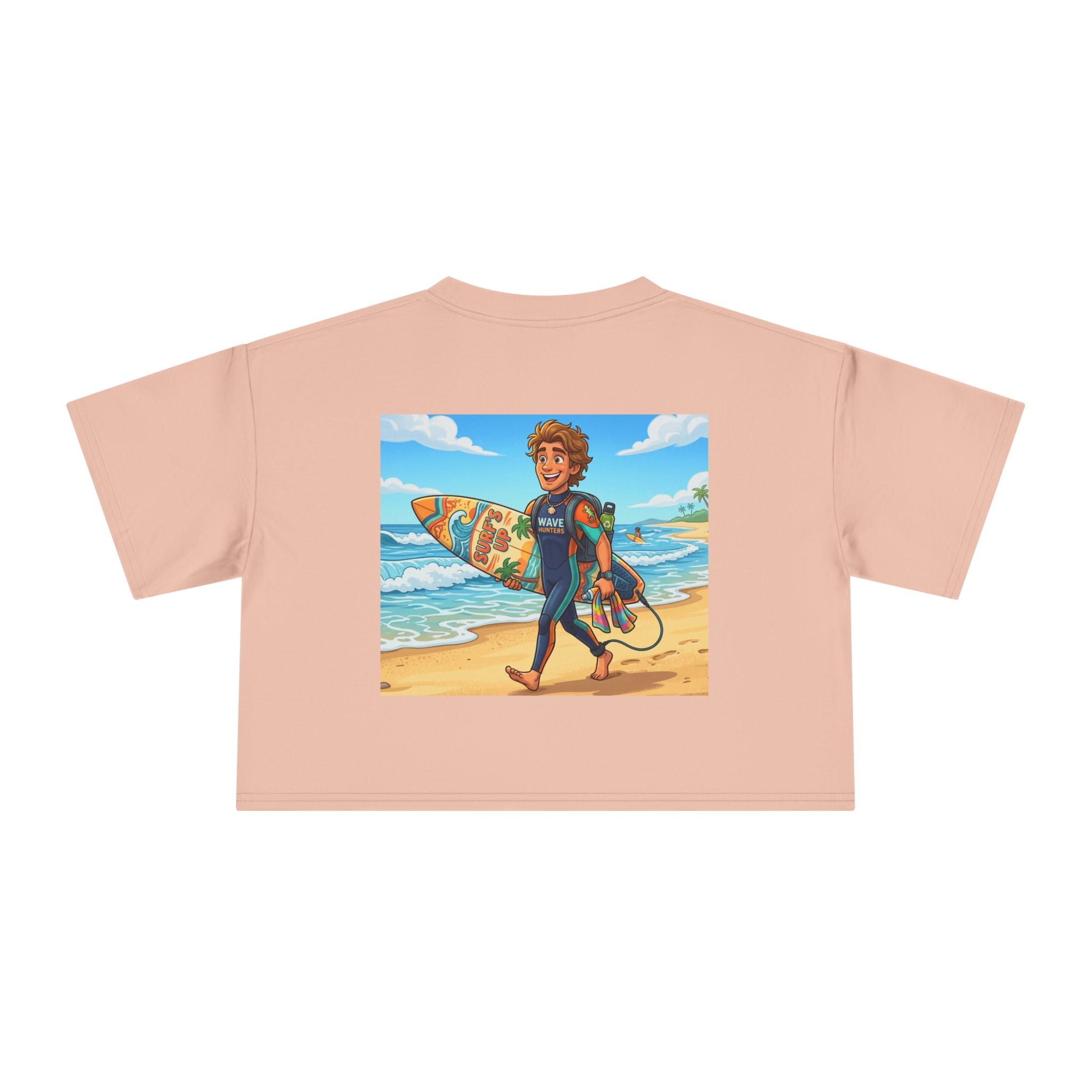 Surf Girl Crop Tee — Colorful Cartoon Surfer Beach Graphic