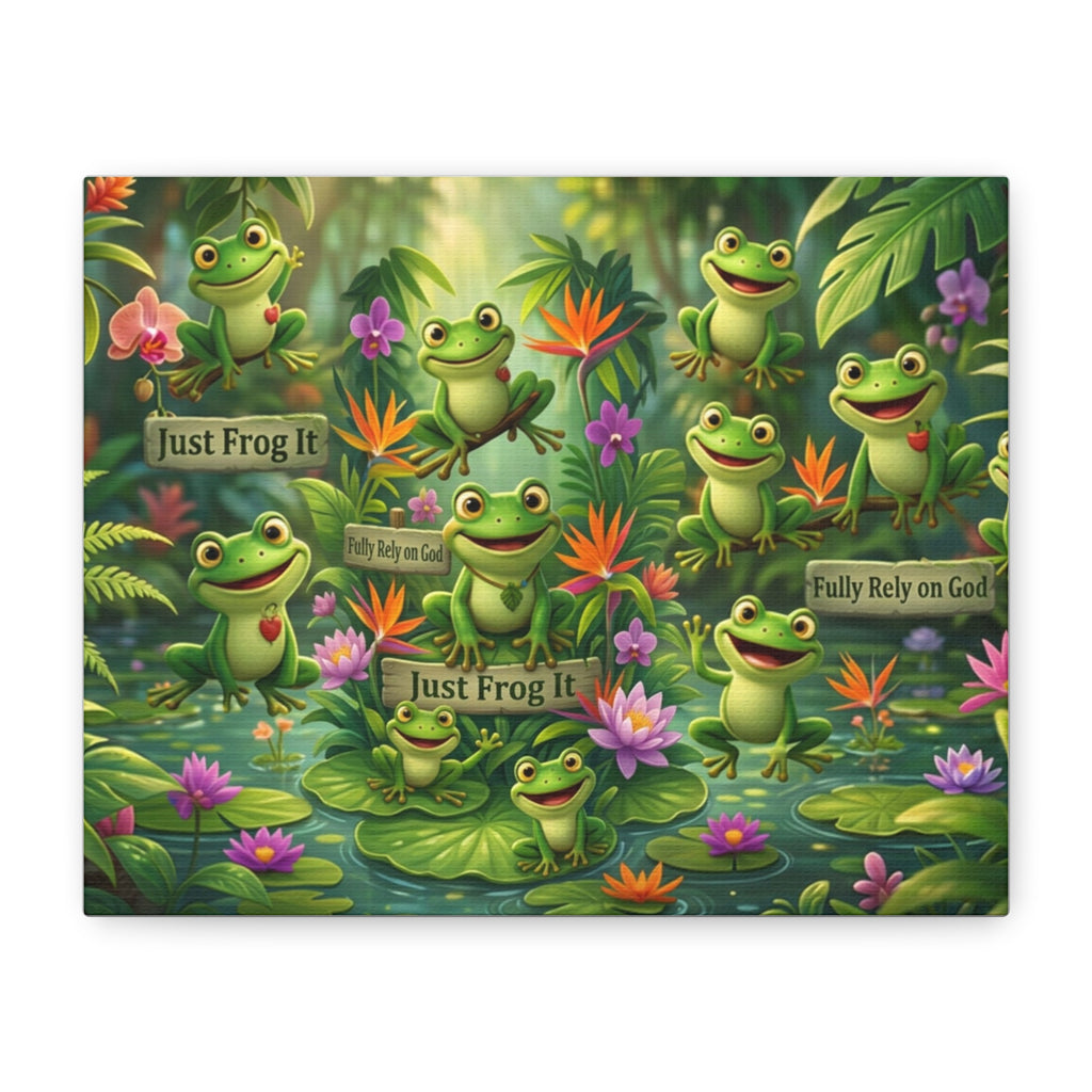 Whimsical Frog Garden Canvas — "Just Frog It" Inspirational Wall Art
