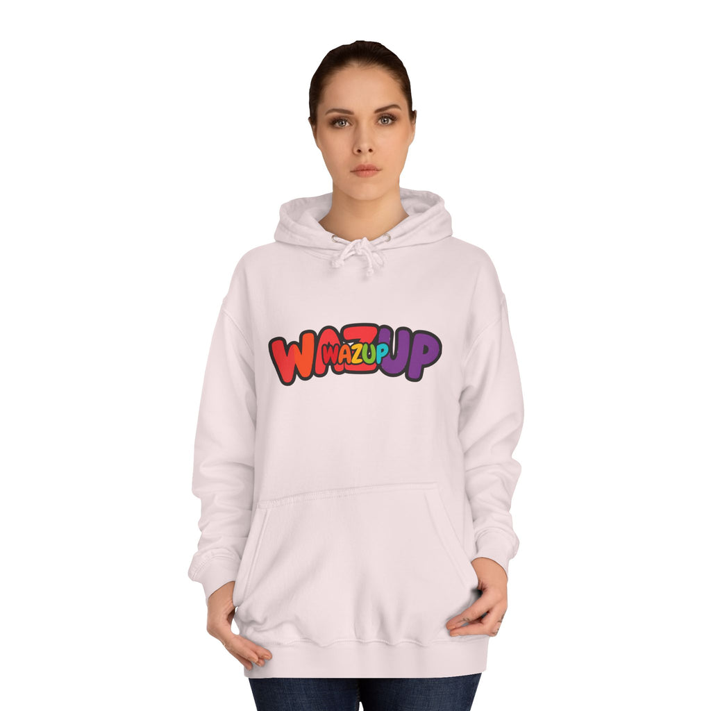 Wazup Colorburst Hoodie — Retro Bubble Letter Graphic Hooded Sweatshirt