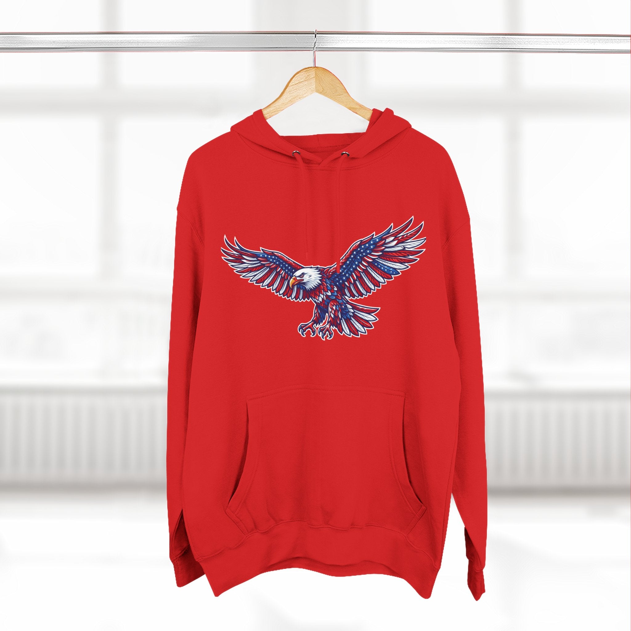 Eagle Flight Hoodie — Patriotic Red & Blue Soaring Eagle Graphic