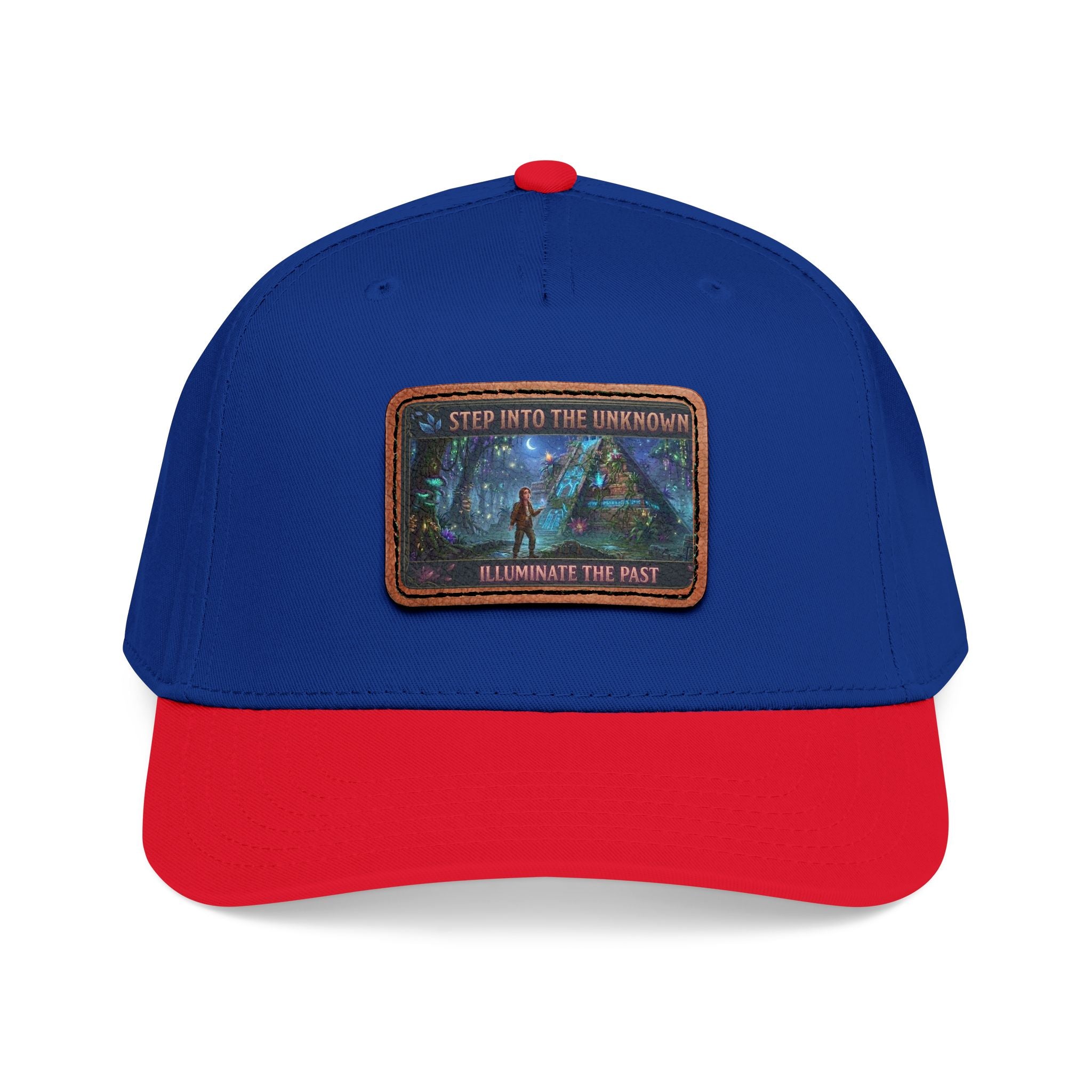 Leather Patch Baseball Cap — "Step Into the Unknown, Illuminate the Past" Forest Adventure Design